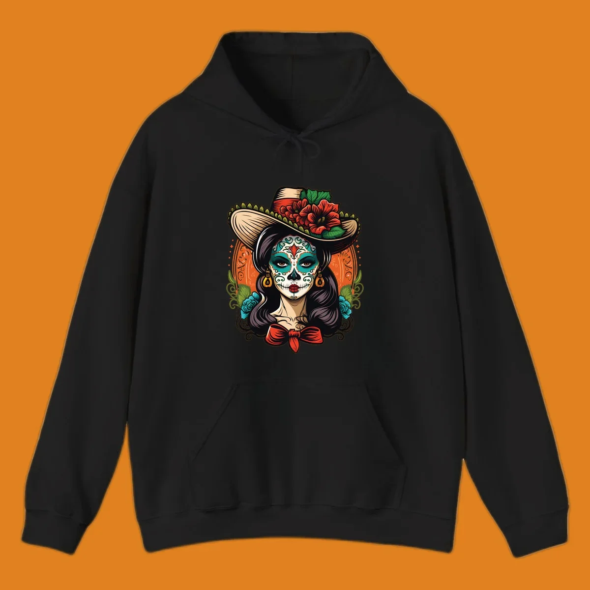 Vibrant illustration of a calavera sombrero lady with intricate sugar skull makeup, red flowers, and blue roses.
