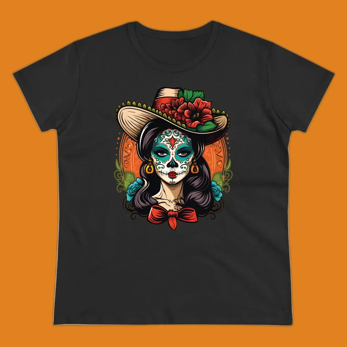 Vibrant illustration of a calavera sombrero lady with intricate sugar skull makeup, red flowers, and blue roses.