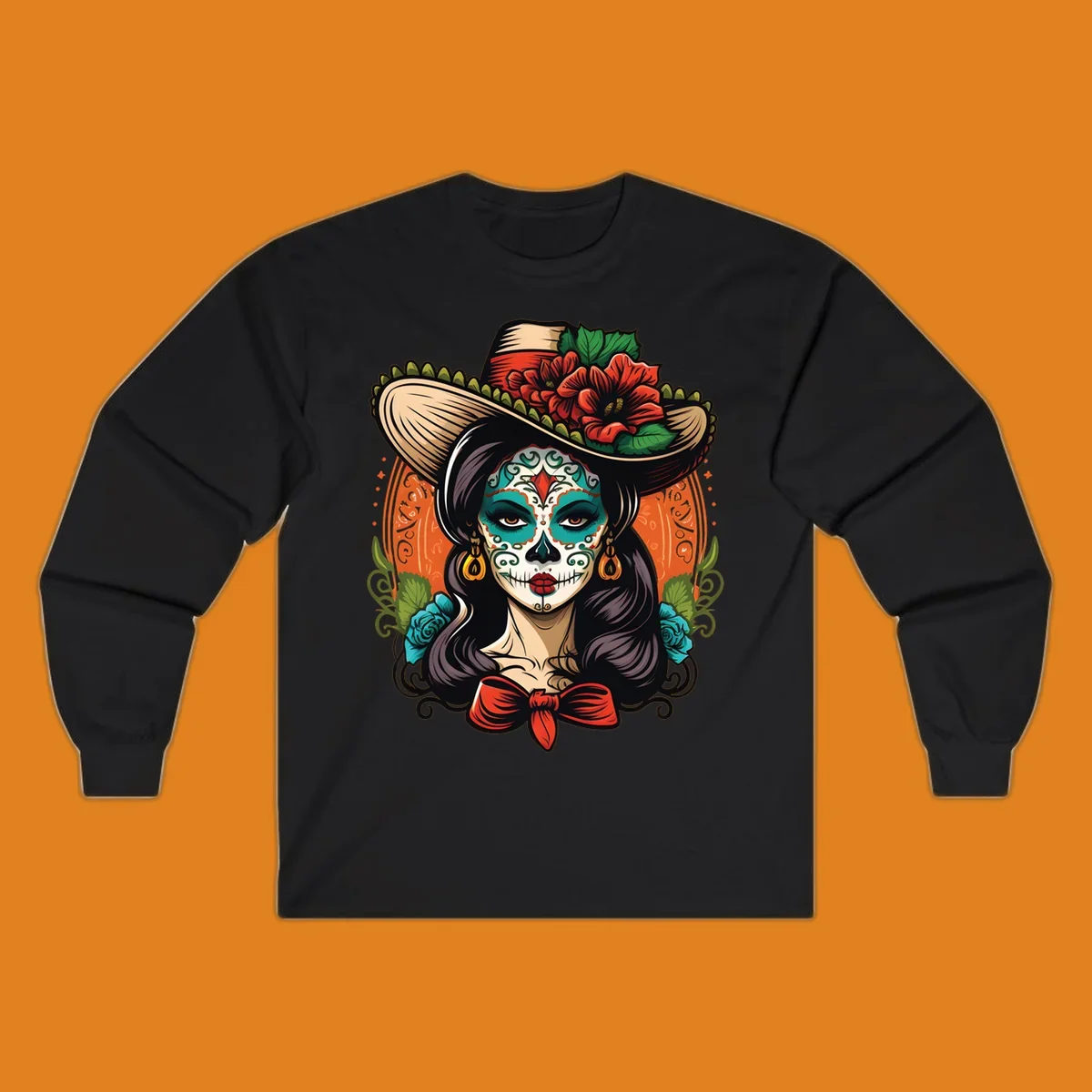 Vibrant illustration of a calavera sombrero lady with intricate sugar skull makeup, red flowers, and blue roses.