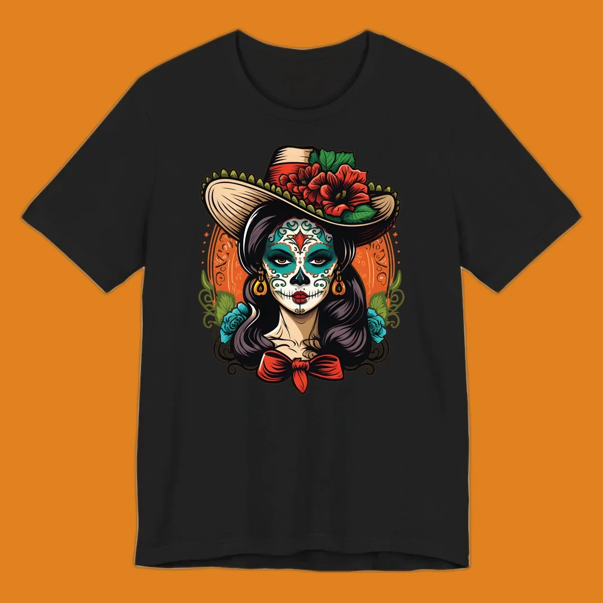 Vibrant illustration of a calavera sombrero lady with intricate sugar skull makeup, red flowers, and blue roses.