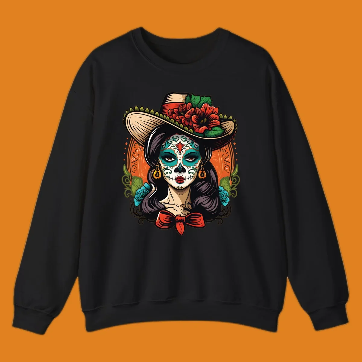 Vibrant illustration of a calavera sombrero lady with intricate sugar skull makeup, red flowers, and blue roses.