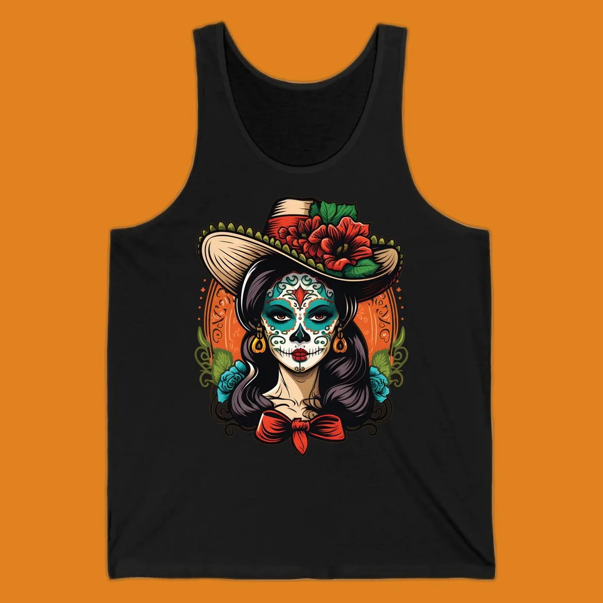 Vibrant illustration of a calavera sombrero lady with intricate sugar skull makeup, red flowers, and blue roses.