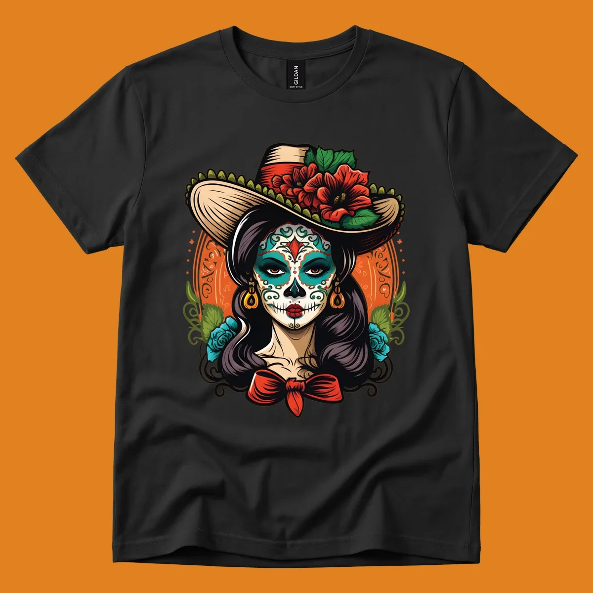 Vibrant illustration of a calavera sombrero lady with intricate sugar skull makeup, red flowers, and blue roses.