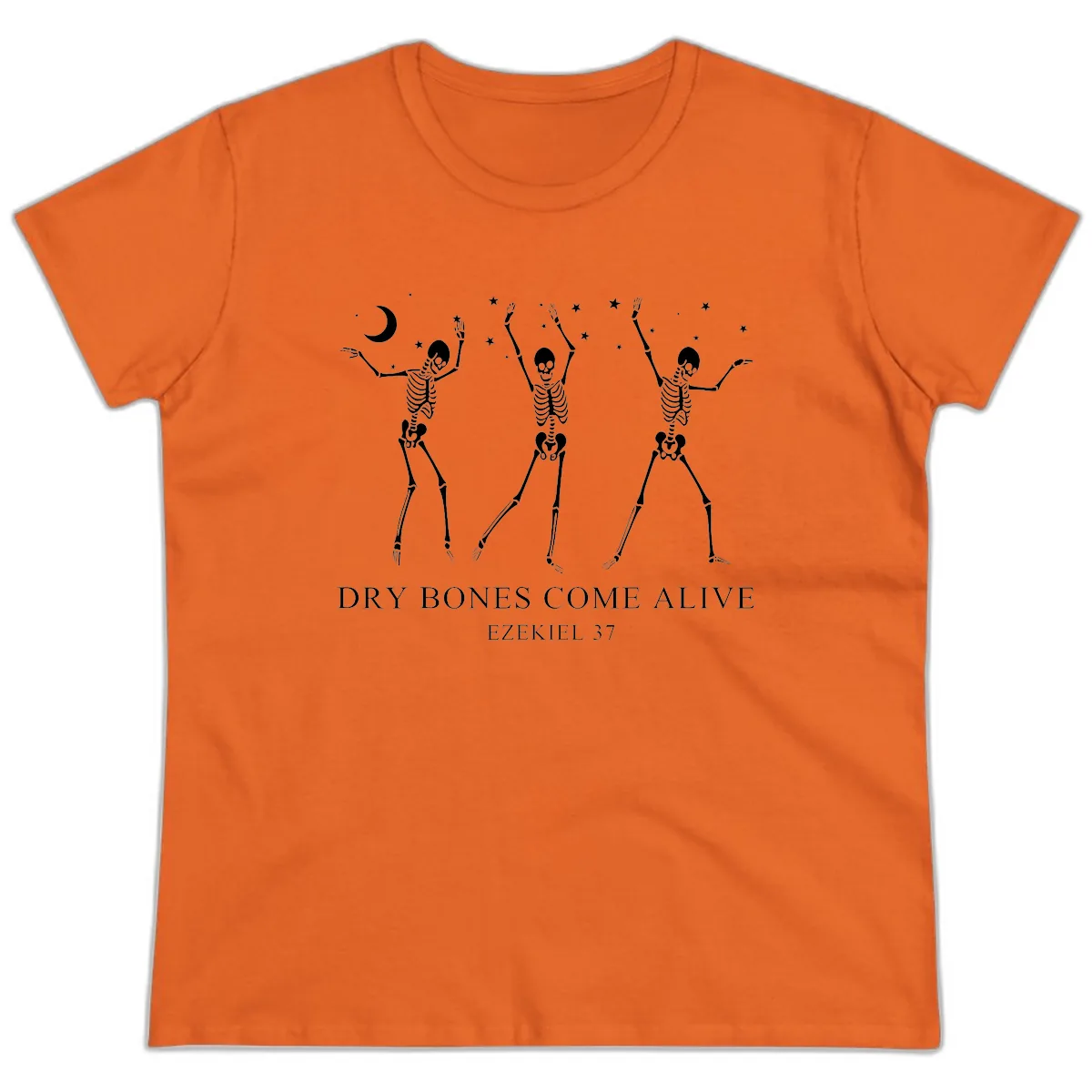 Dancing Skeletons Under Moonlight Ladies Tee in Orange