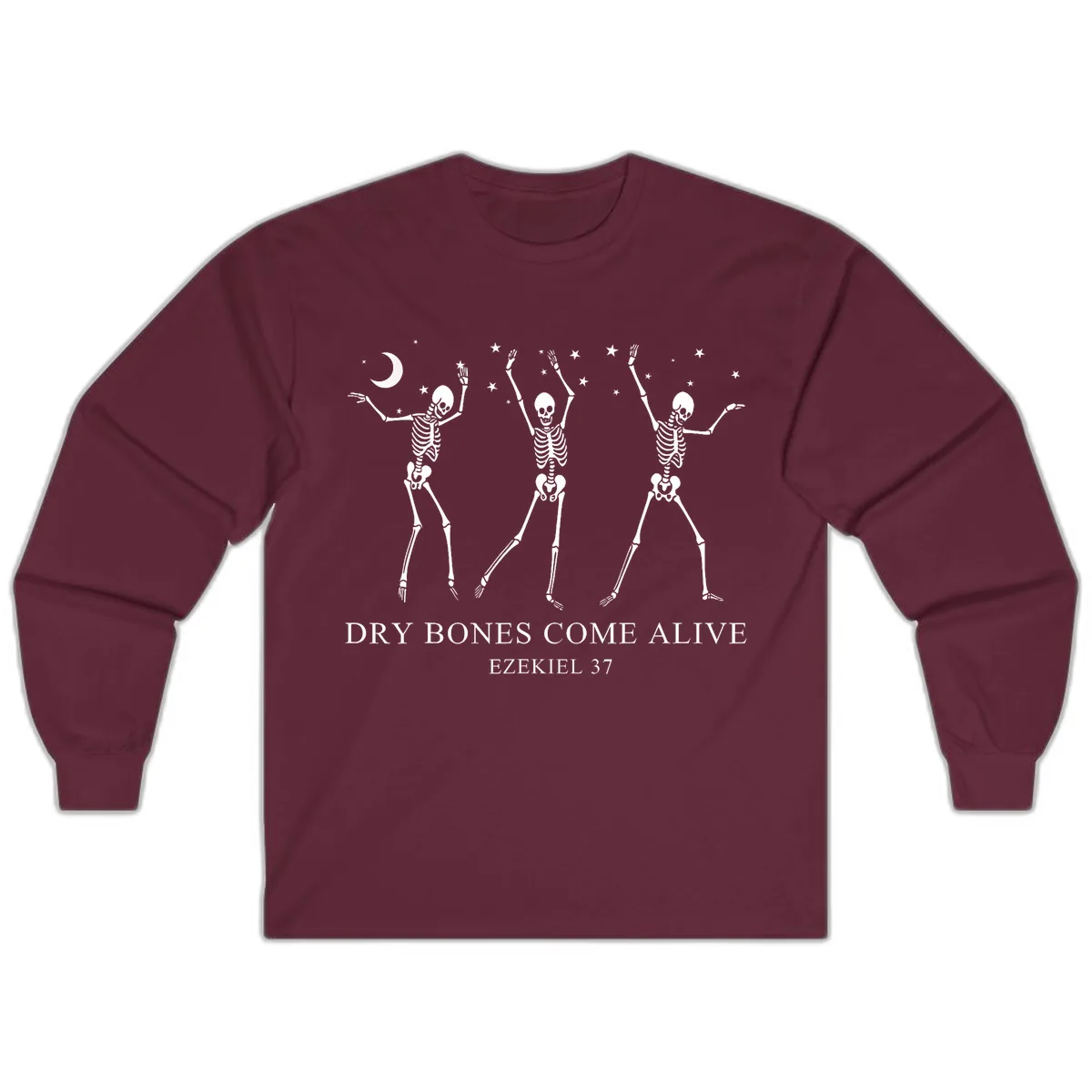 Dancing Skeletons Under Moonlight Long Sleeve in Maroon