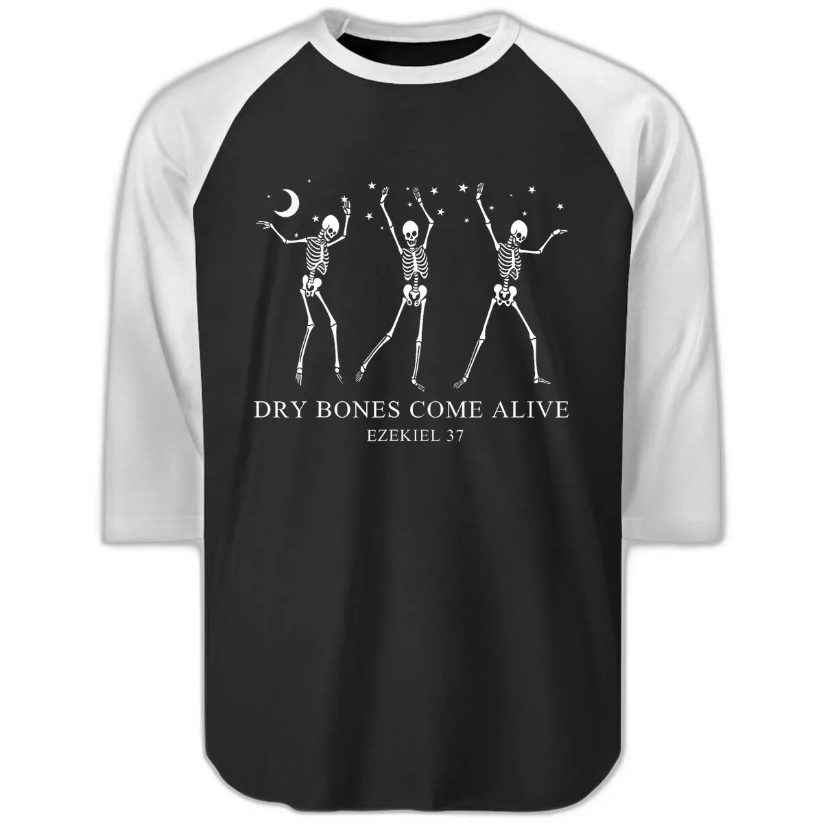 Dancing Skeletons Under Moonlight Raglan 3/4 in Black White