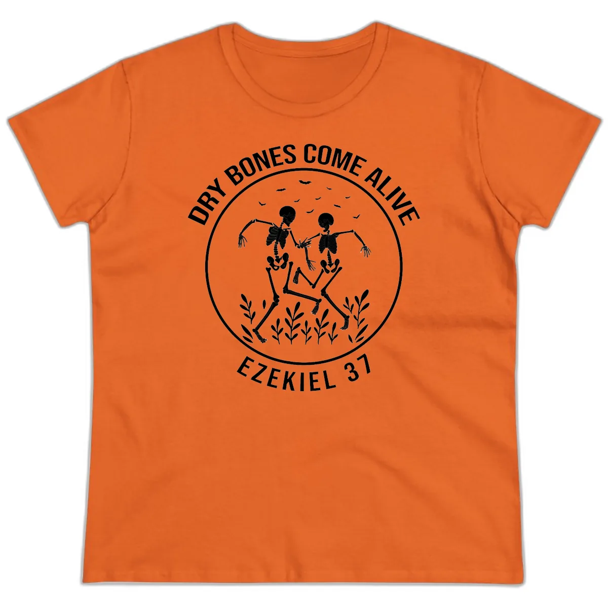 Dry Bones Come Alive Dancing Skeletons Ladies Tee in Orange