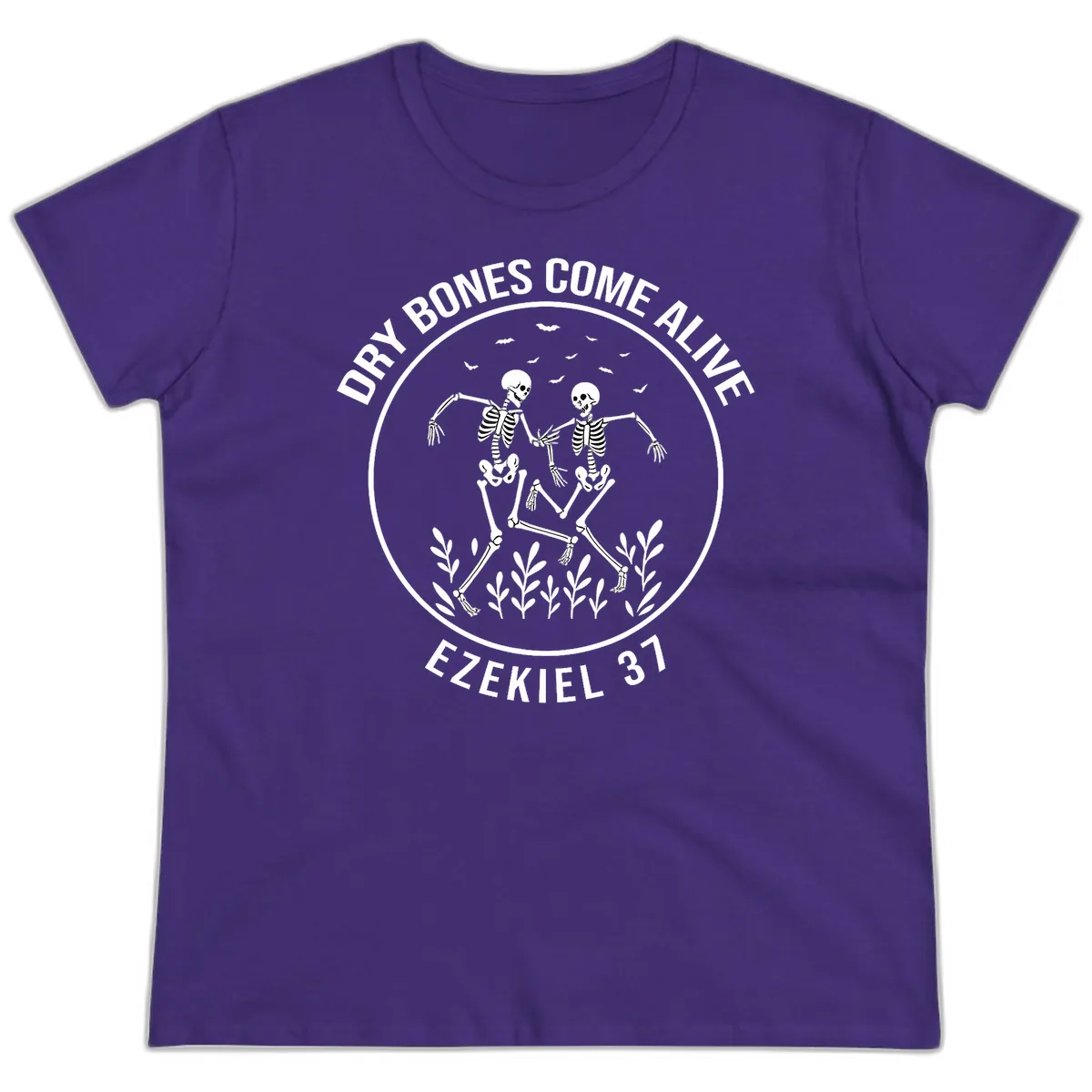 Dry Bones Come Alive Dancing Skeletons Ladies Tee in Purple