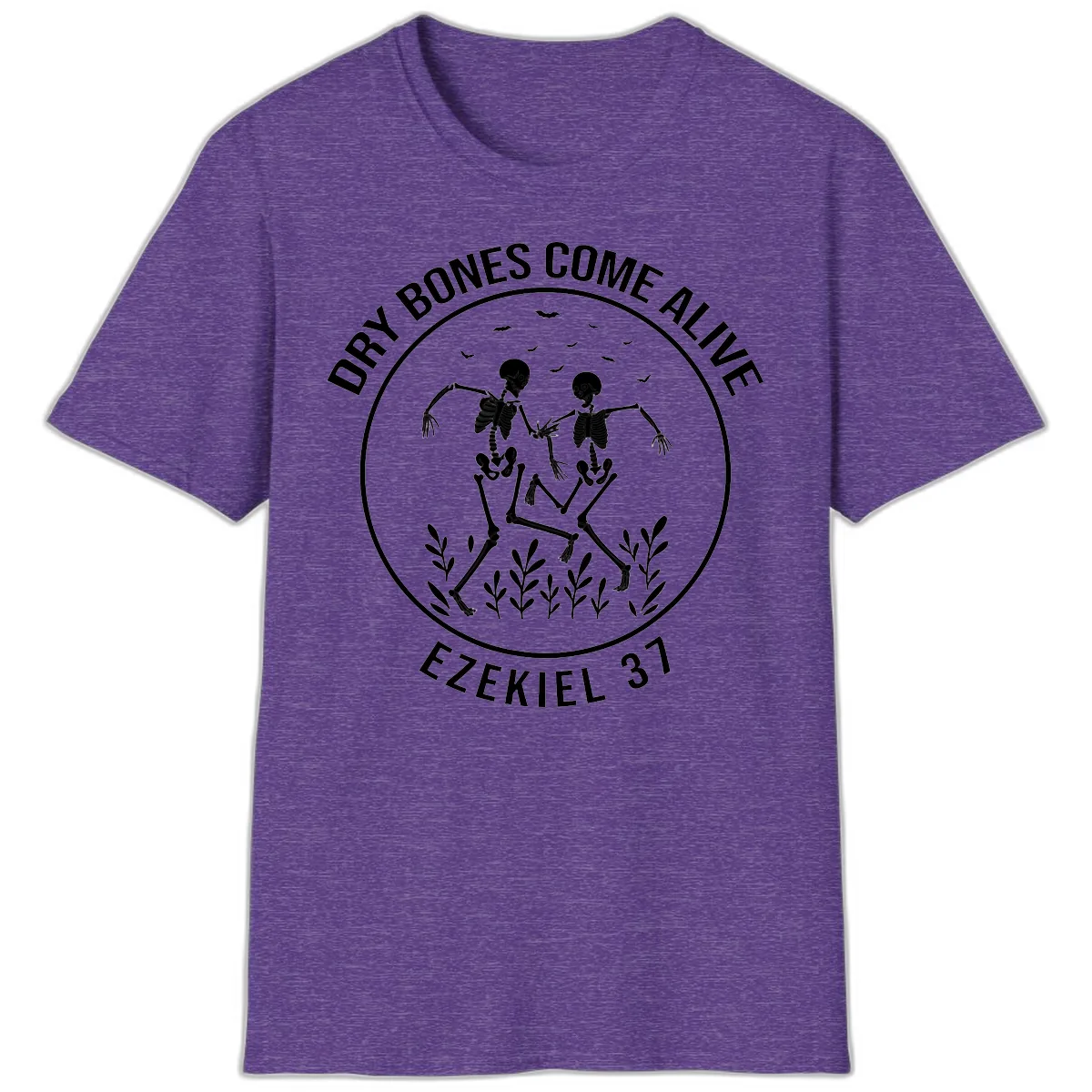 Dry Bones Come Alive Dancing Skeletons T-Shirt in Heather Purple