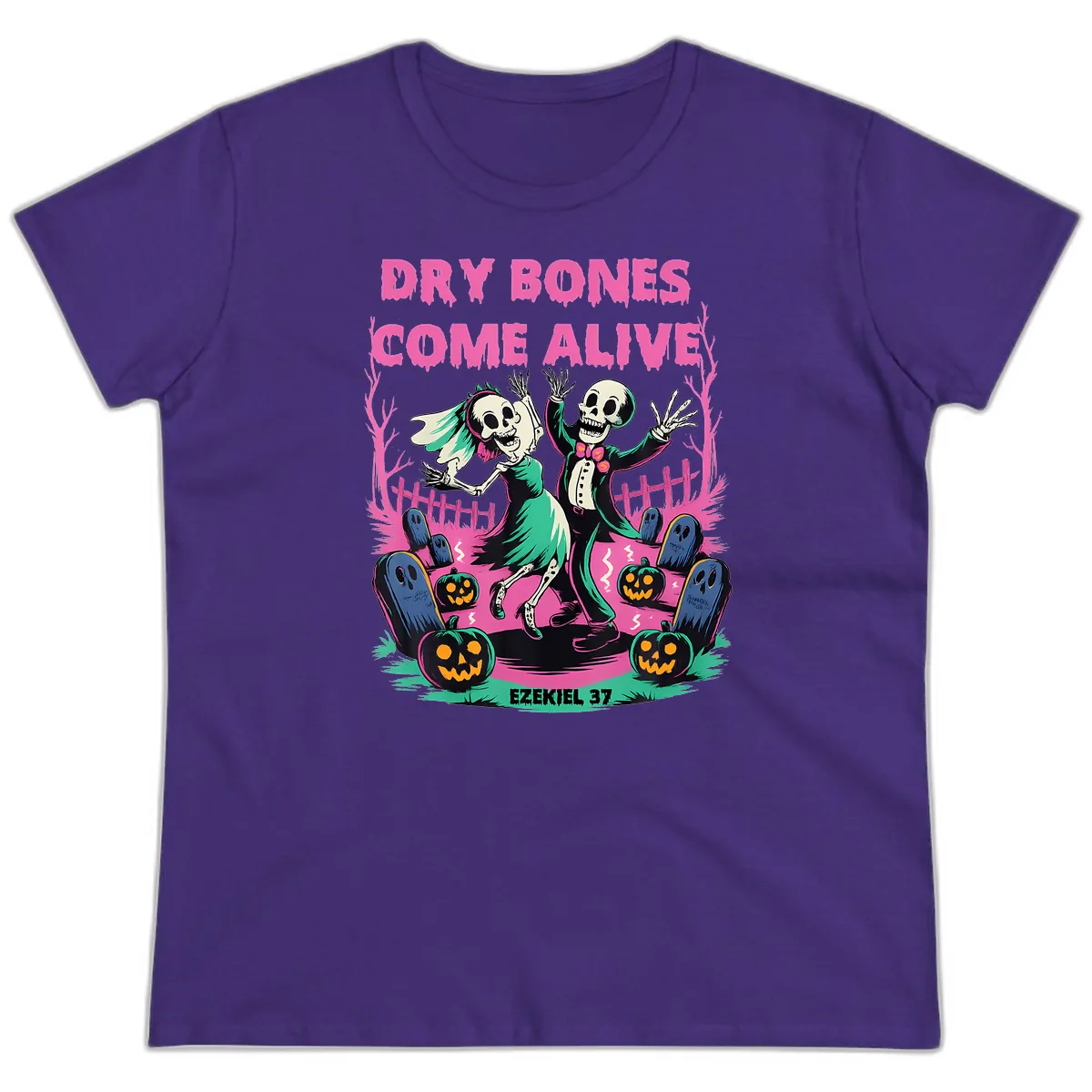Dry Bones Come Alive Halloween Design Ladies Tee in Purple