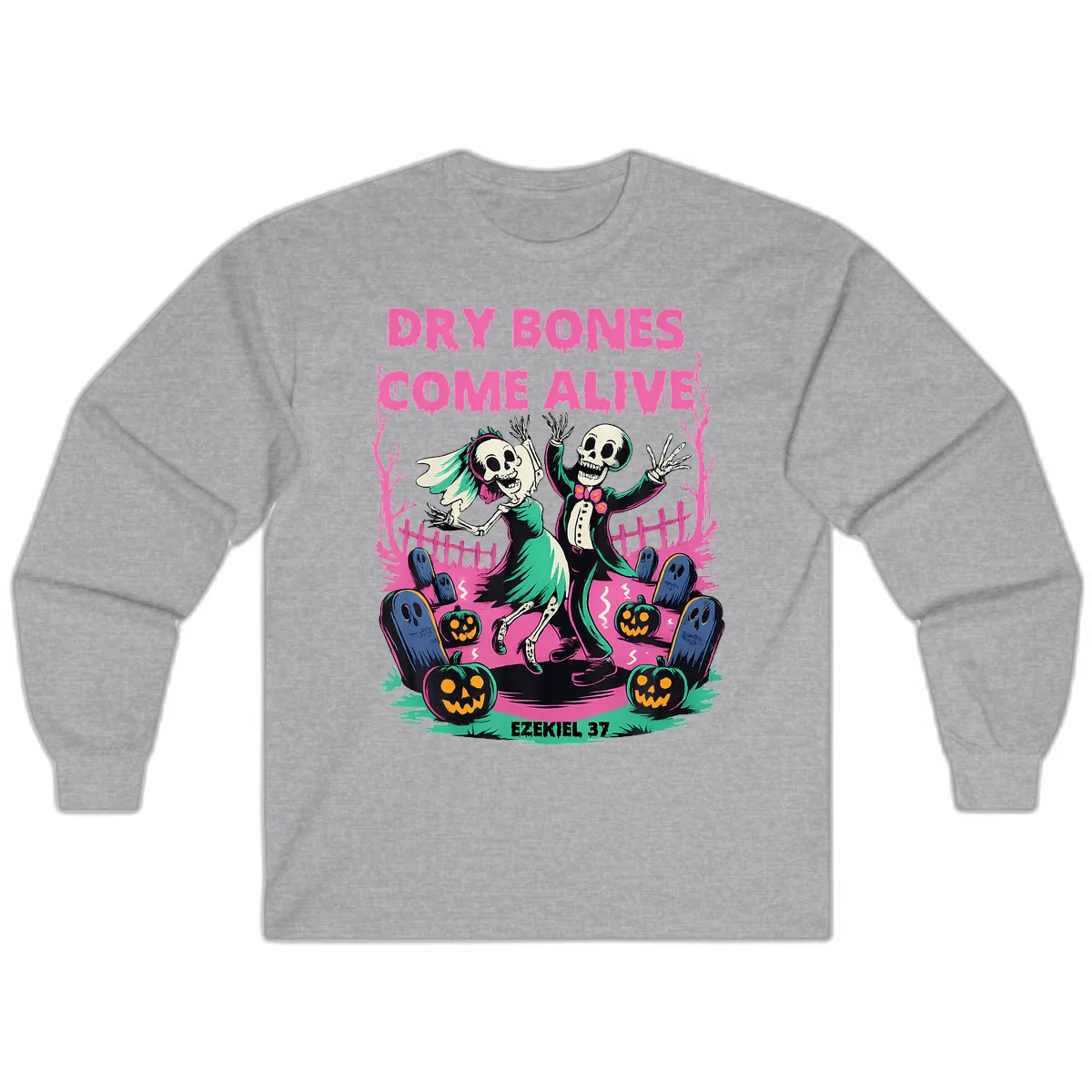 Dry Bones Come Alive Halloween Design Long Sleeve in Sport Grey