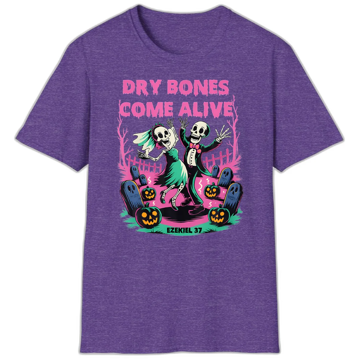 Dry Bones Come Alive Halloween Design T-Shirt in Heather Purple