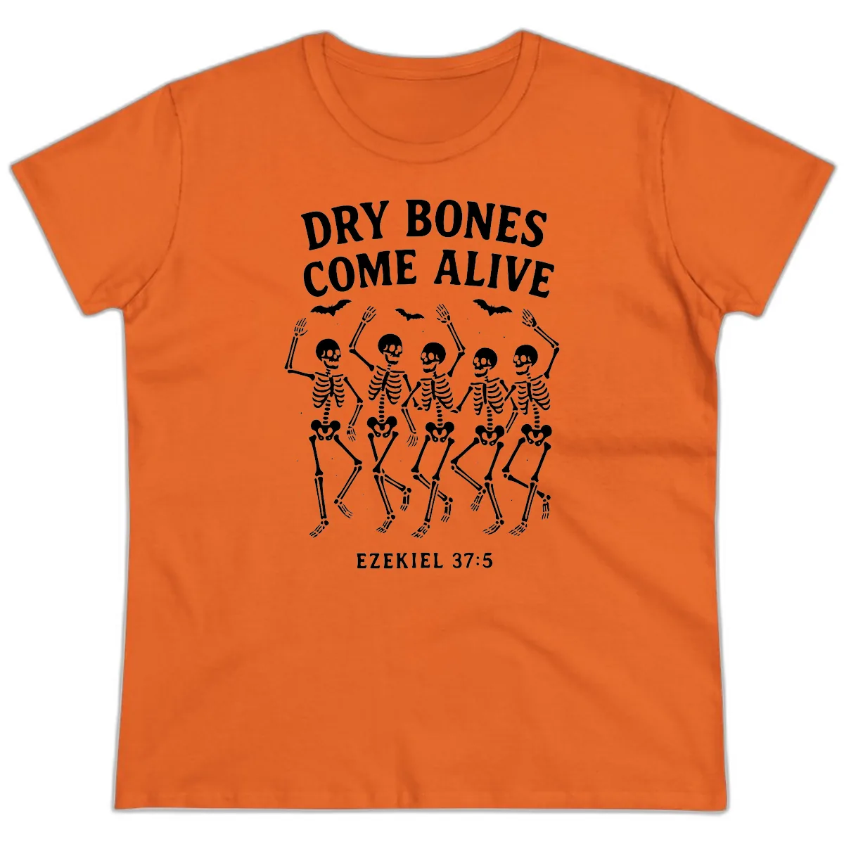 Dry Bones Come Alive Dancing Skeletons Ladies Tee in Orange