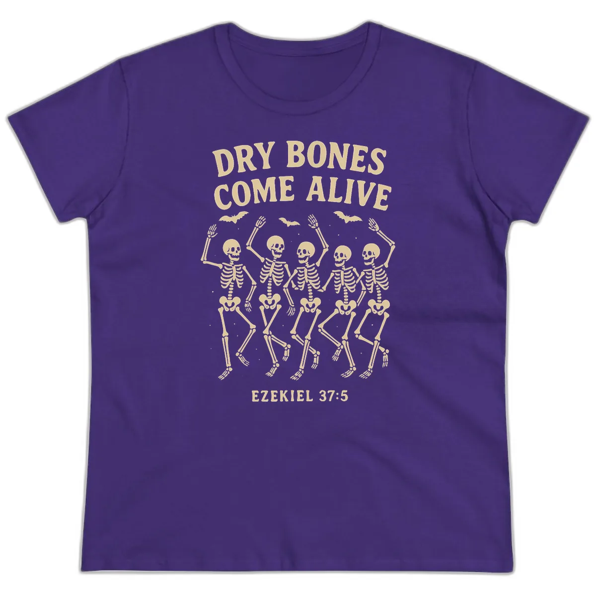 Dry Bones Come Alive Dancing Skeletons Ladies Tee in Purple