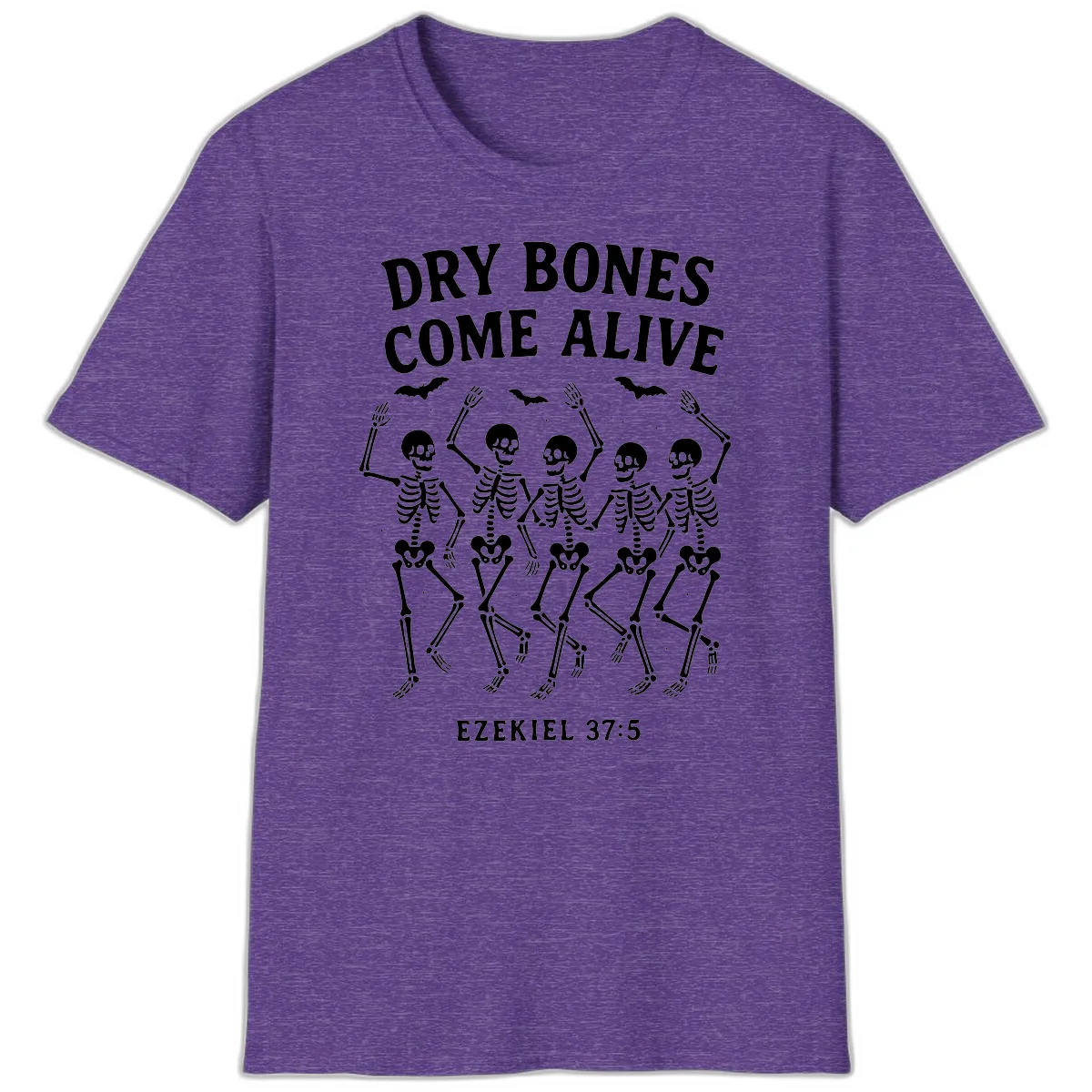 Dry Bones Come Alive Dancing Skeletons T-Shirt in Heather Purple