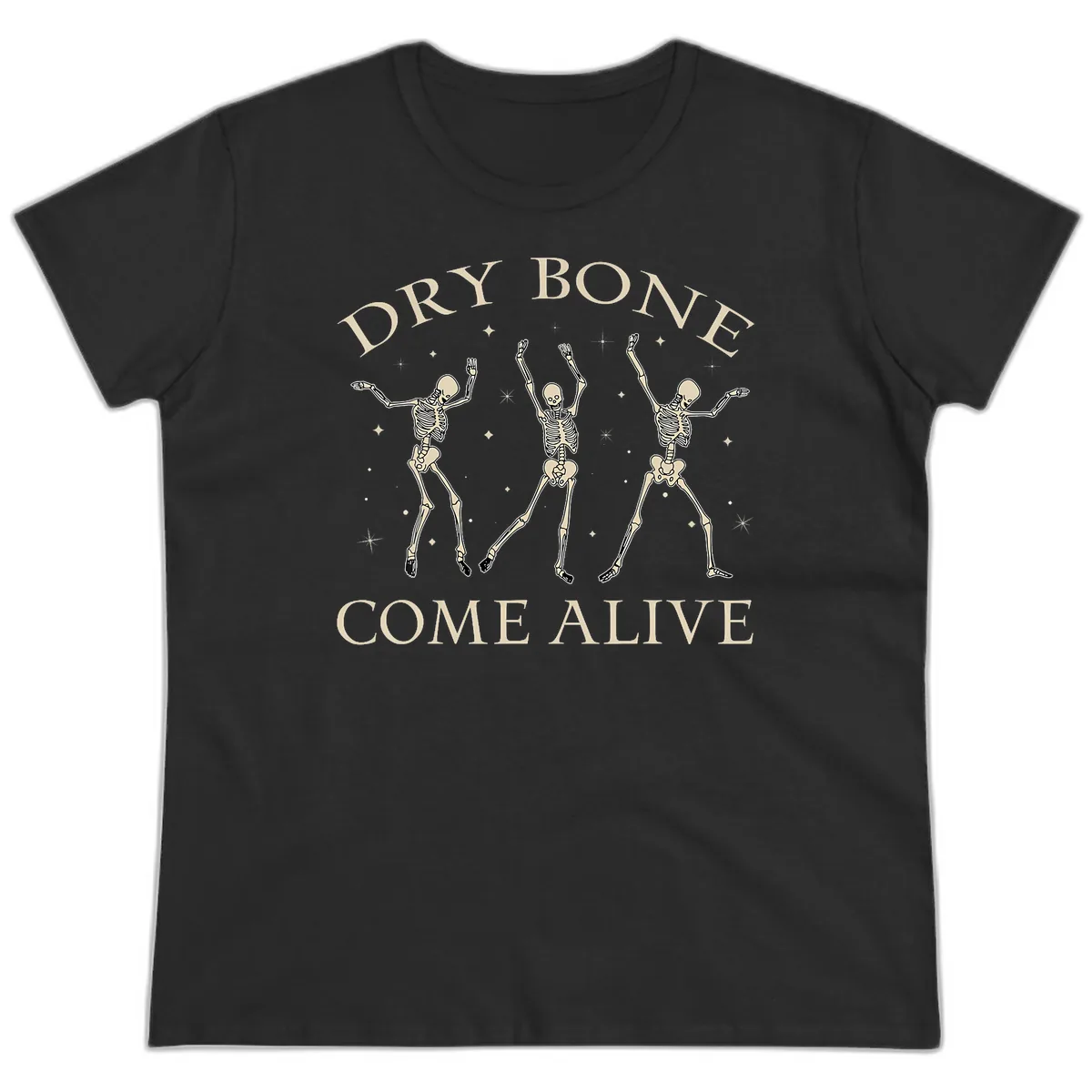 Dry Bone Come Alive Skeletons Dancing Ladies Tee in Black