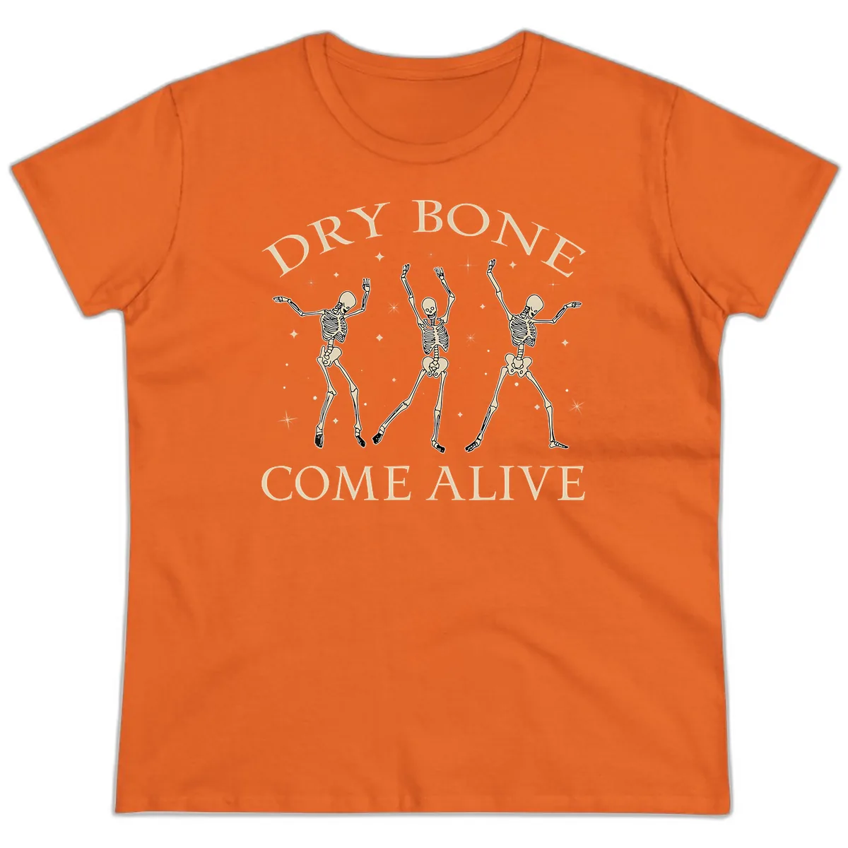 Dry Bone Come Alive Skeletons Dancing Ladies Tee in Orange