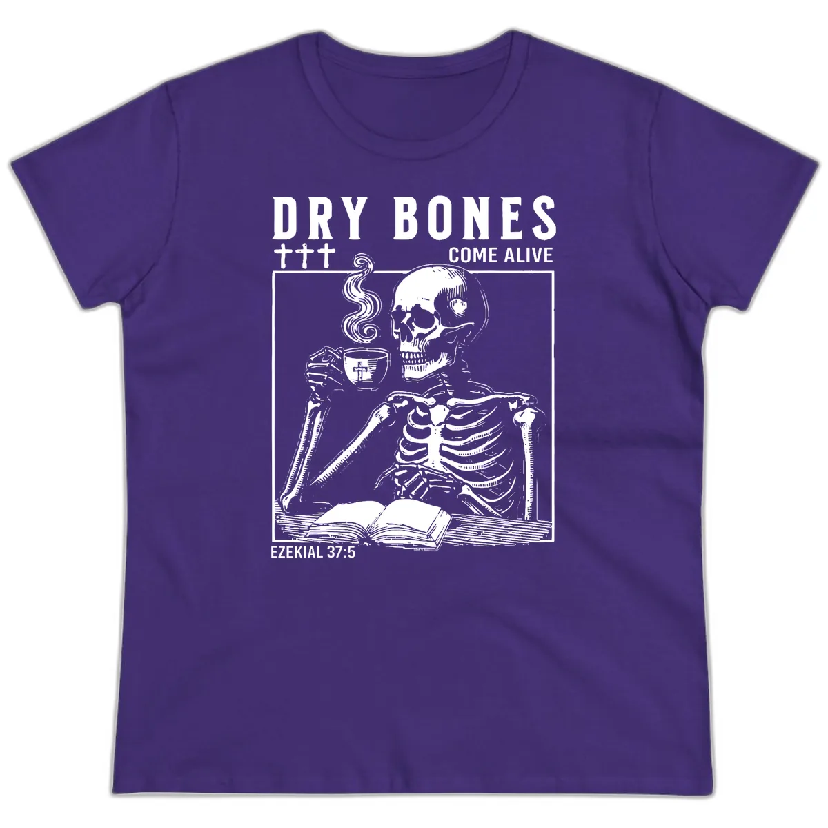 Dry Bones Come Alive Skeleton Ladies Tee in Purple