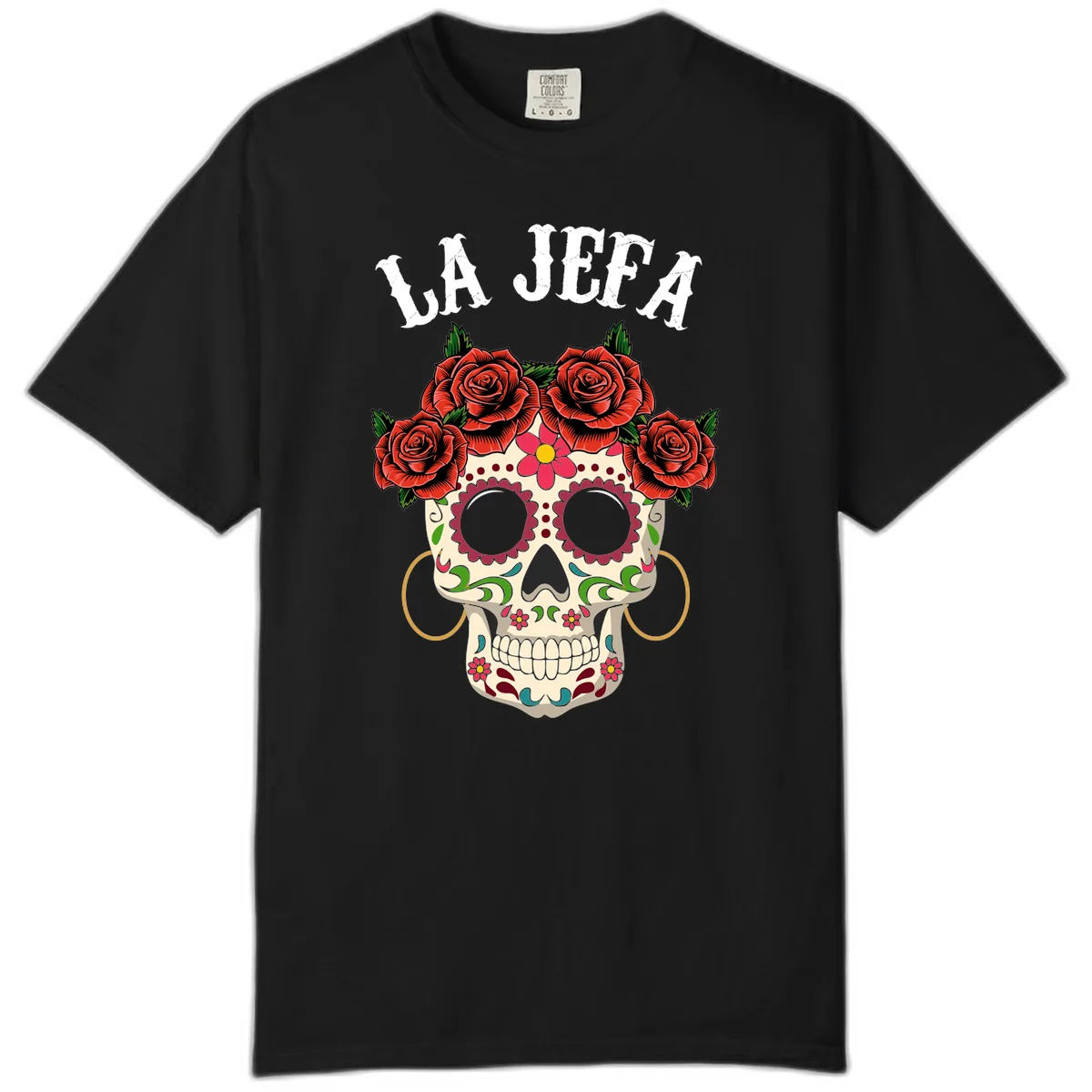 La Jefa Sugar Skull With Rose Crown Comfort Color in Black