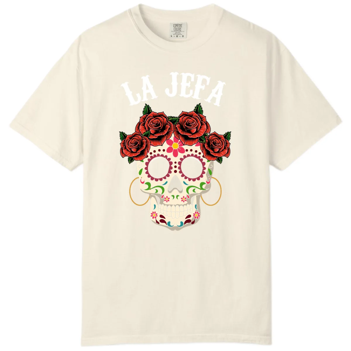 La Jefa Sugar Skull With Rose Crown Comfort Color in Ivory