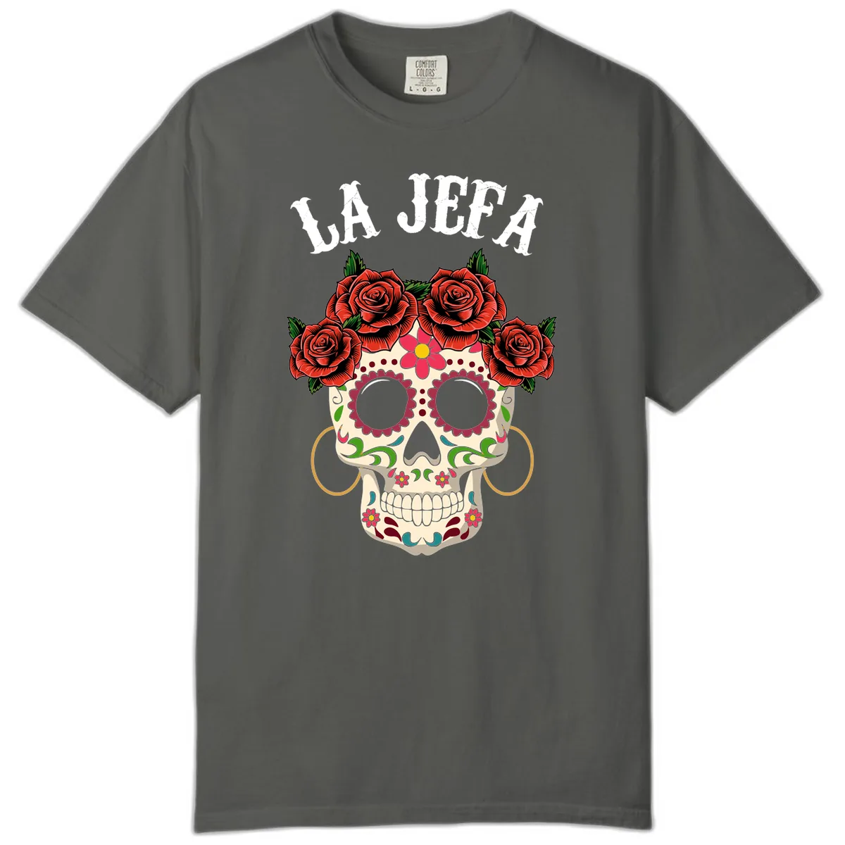 La Jefa Sugar Skull With Rose Crown Comfort Color in Pepper