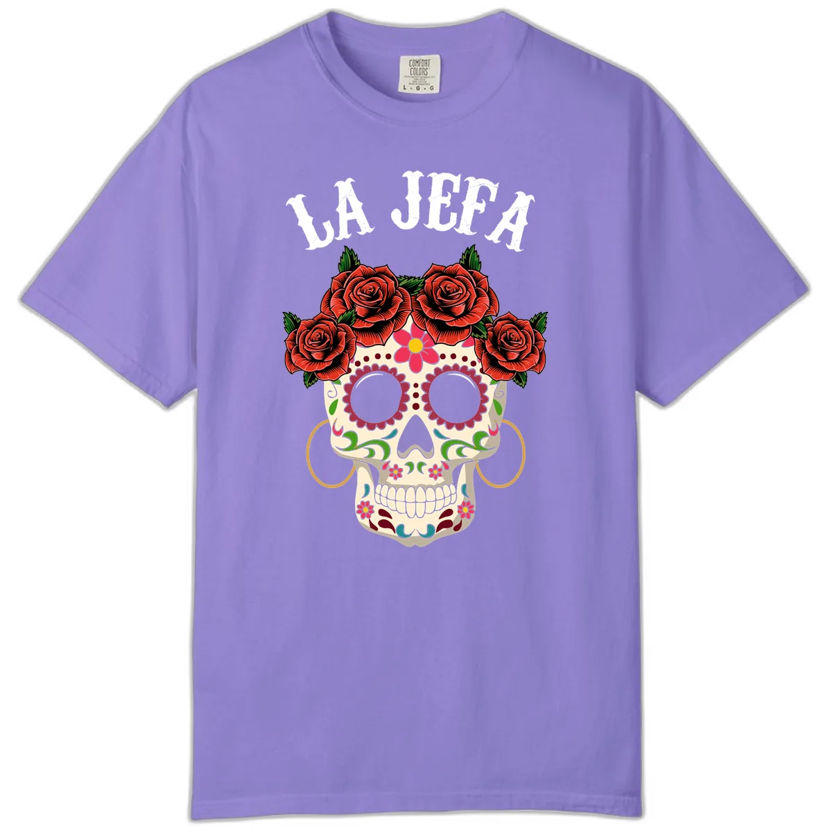 La Jefa Sugar Skull With Rose Crown Comfort Color in Violet