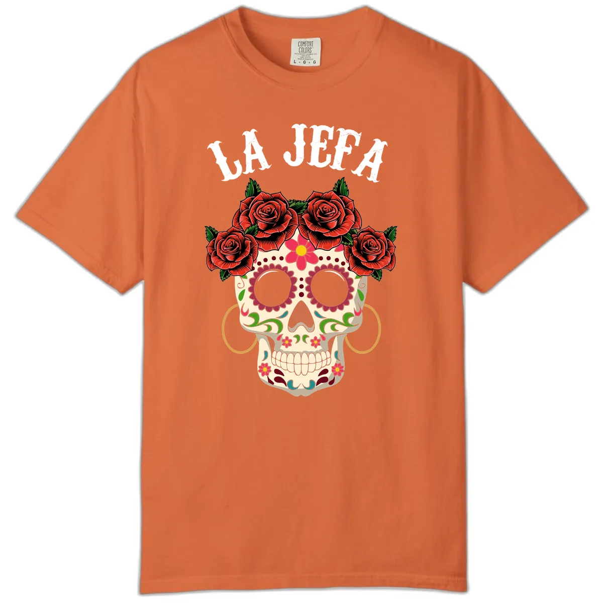 La Jefa Sugar Skull With Rose Crown Comfort Color in Burnt Orange