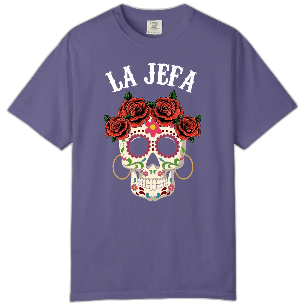 La Jefa Sugar Skull With Rose Crown Comfort Color in Grape
