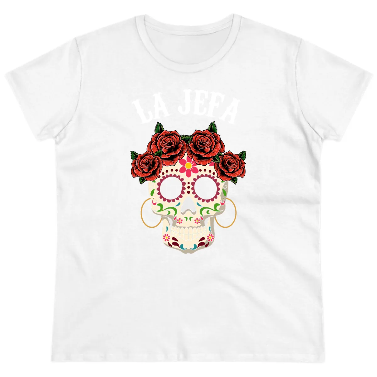 La Jefa Sugar Skull With Rose Crown Ladies Tee in White