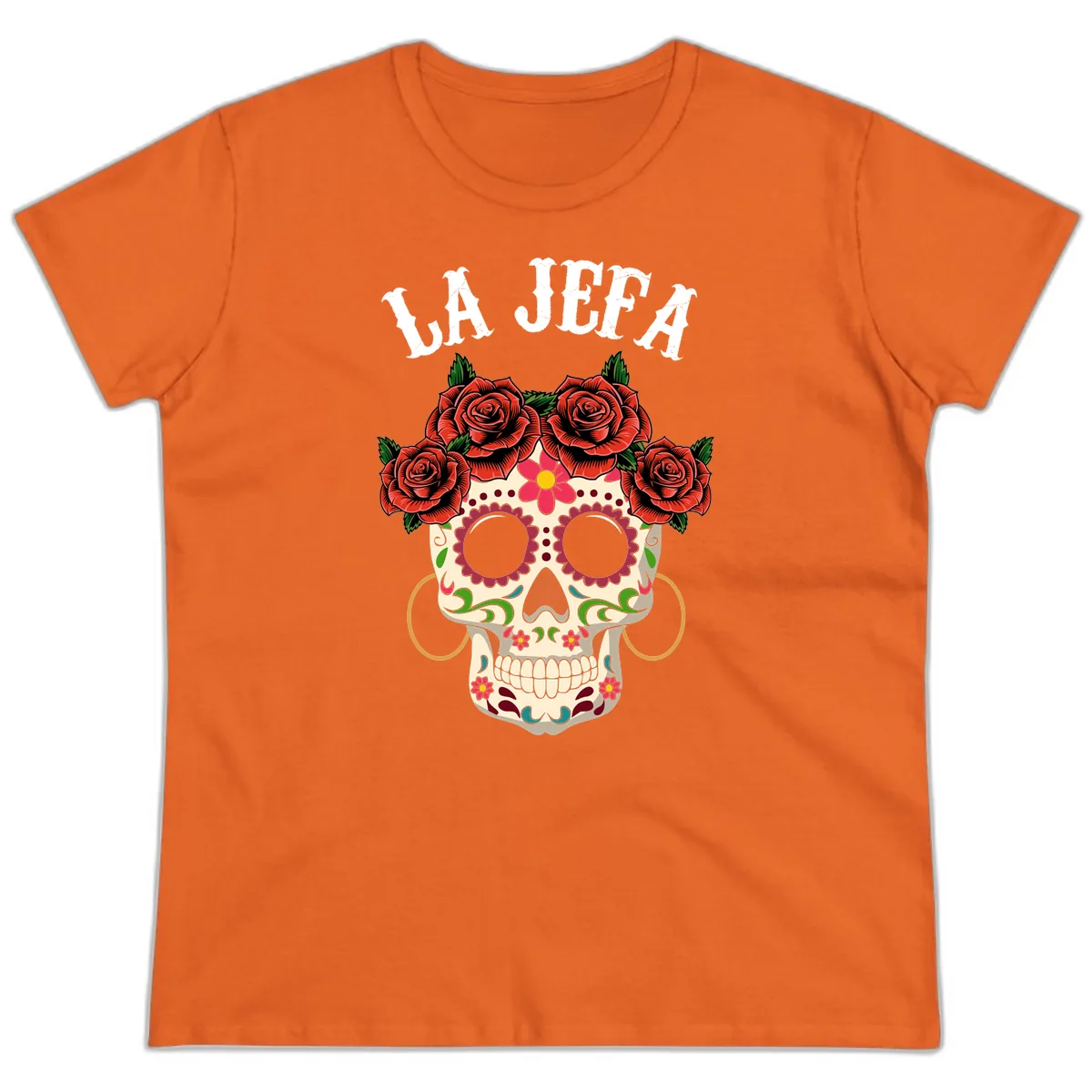 La Jefa Sugar Skull With Rose Crown Ladies Tee in Orange