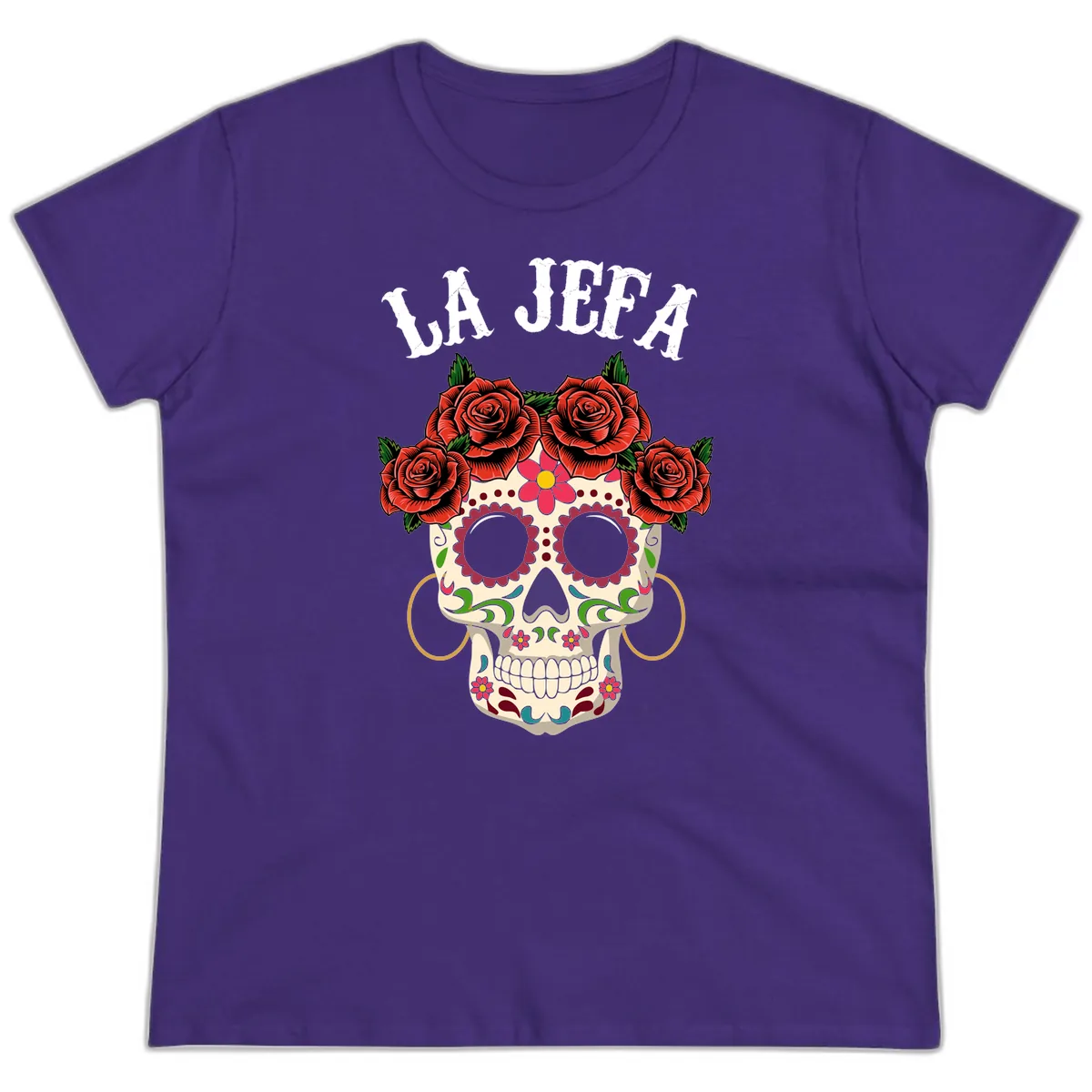 La Jefa Sugar Skull With Rose Crown Ladies Tee in Purple