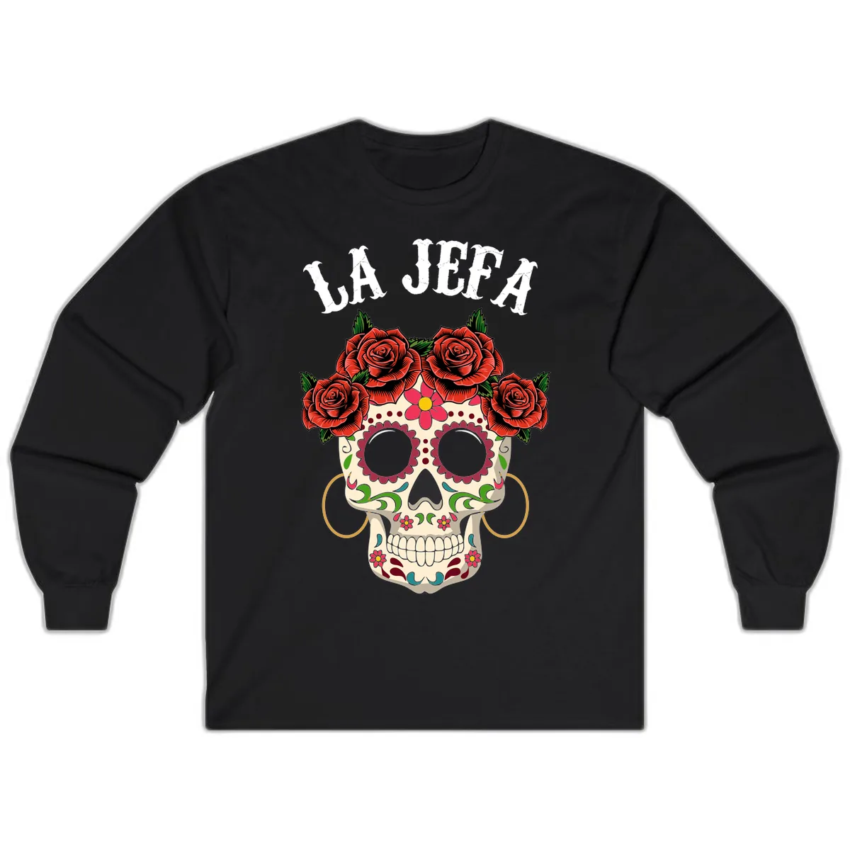 La Jefa Sugar Skull With Rose Crown Long Sleeve in Black