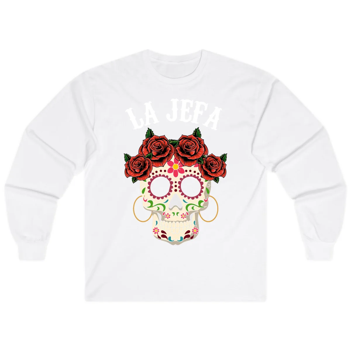 La Jefa Sugar Skull With Rose Crown Long Sleeve in White