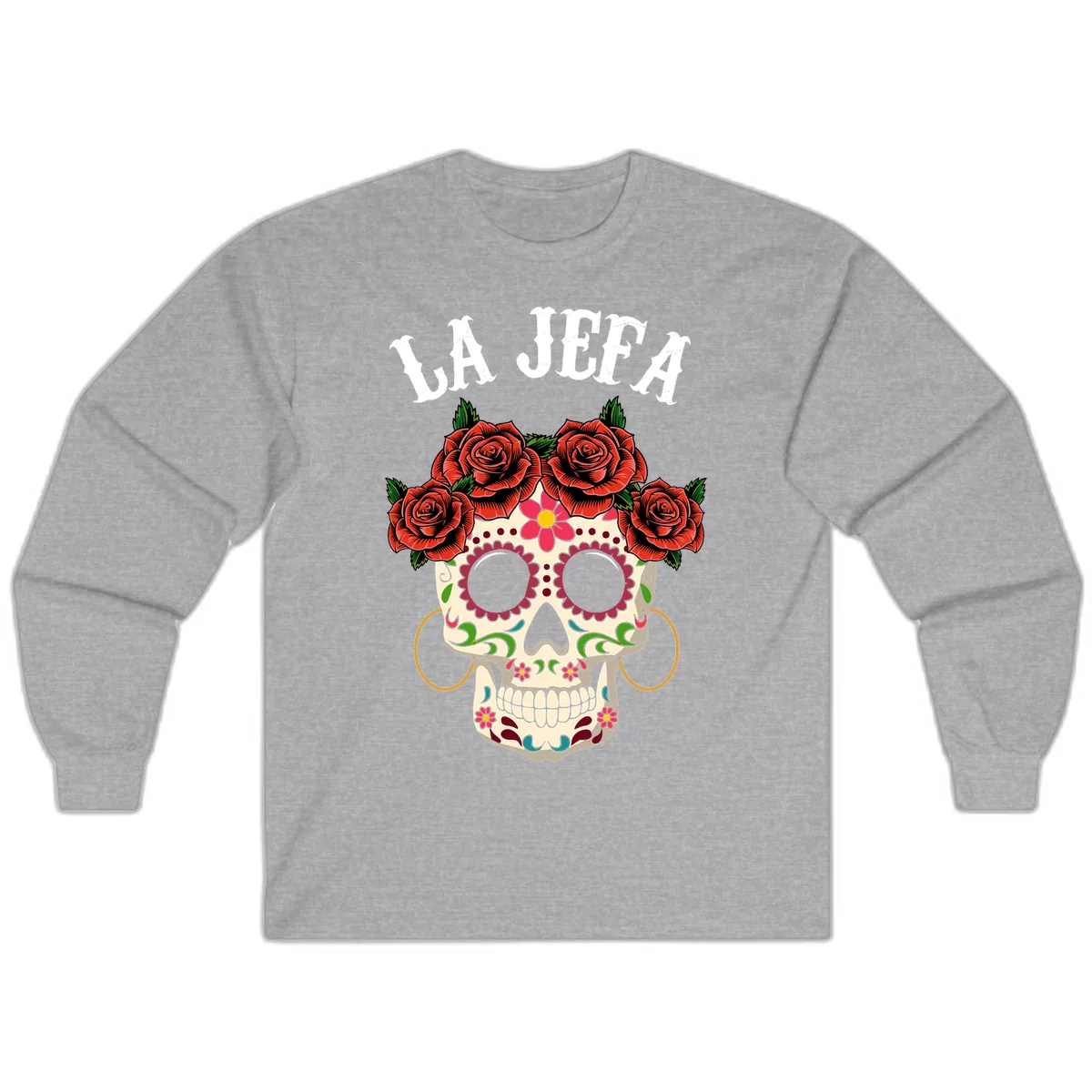 La Jefa Sugar Skull With Rose Crown Long Sleeve in Sport Grey
