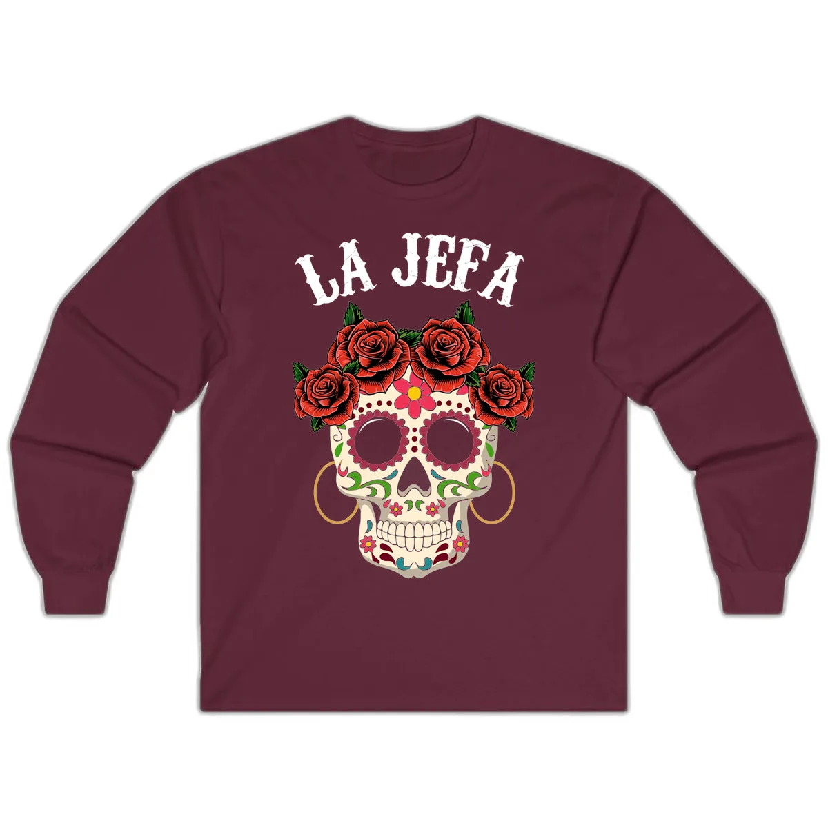 La Jefa Sugar Skull With Rose Crown Long Sleeve in Maroon