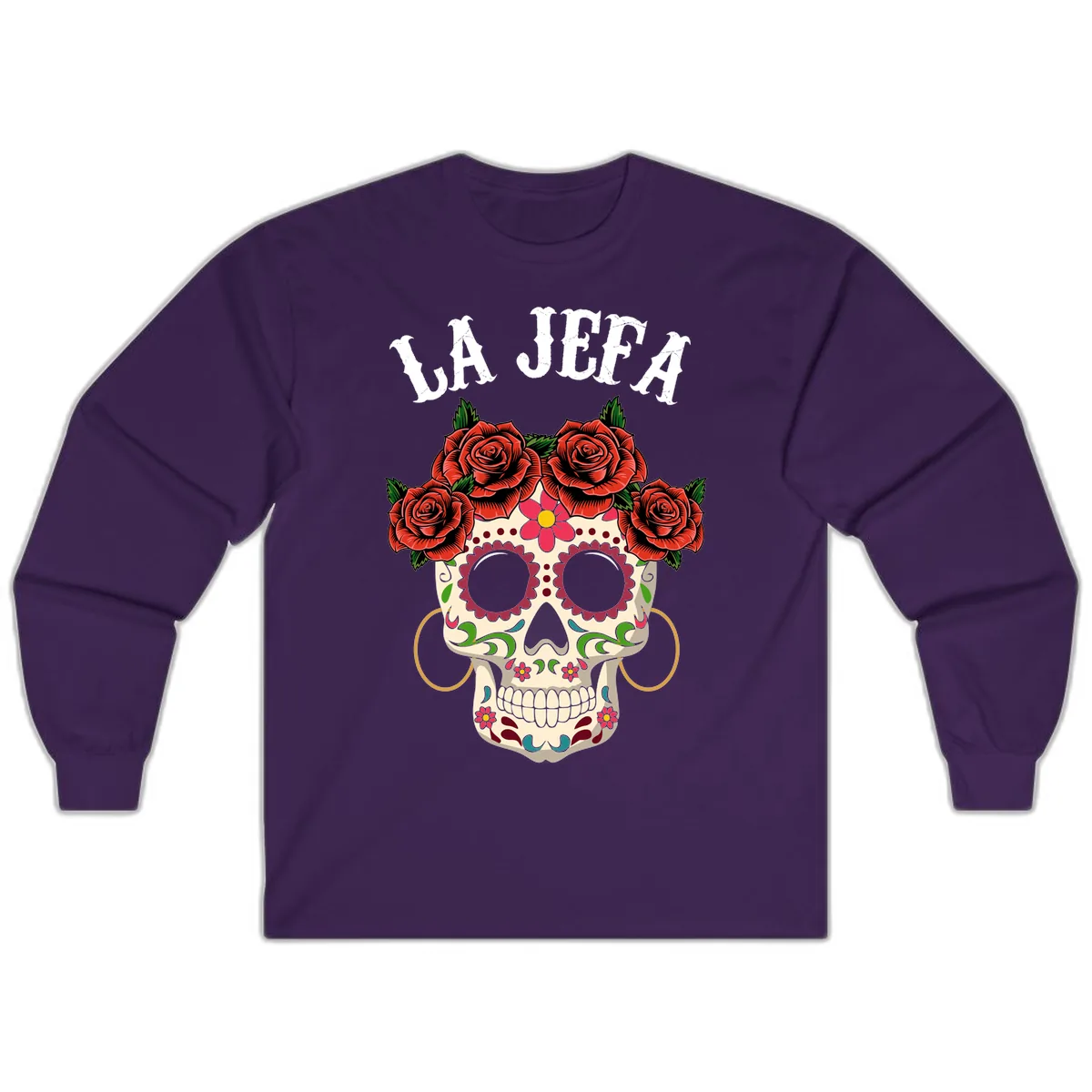 La Jefa Sugar Skull With Rose Crown Long Sleeve in Purple