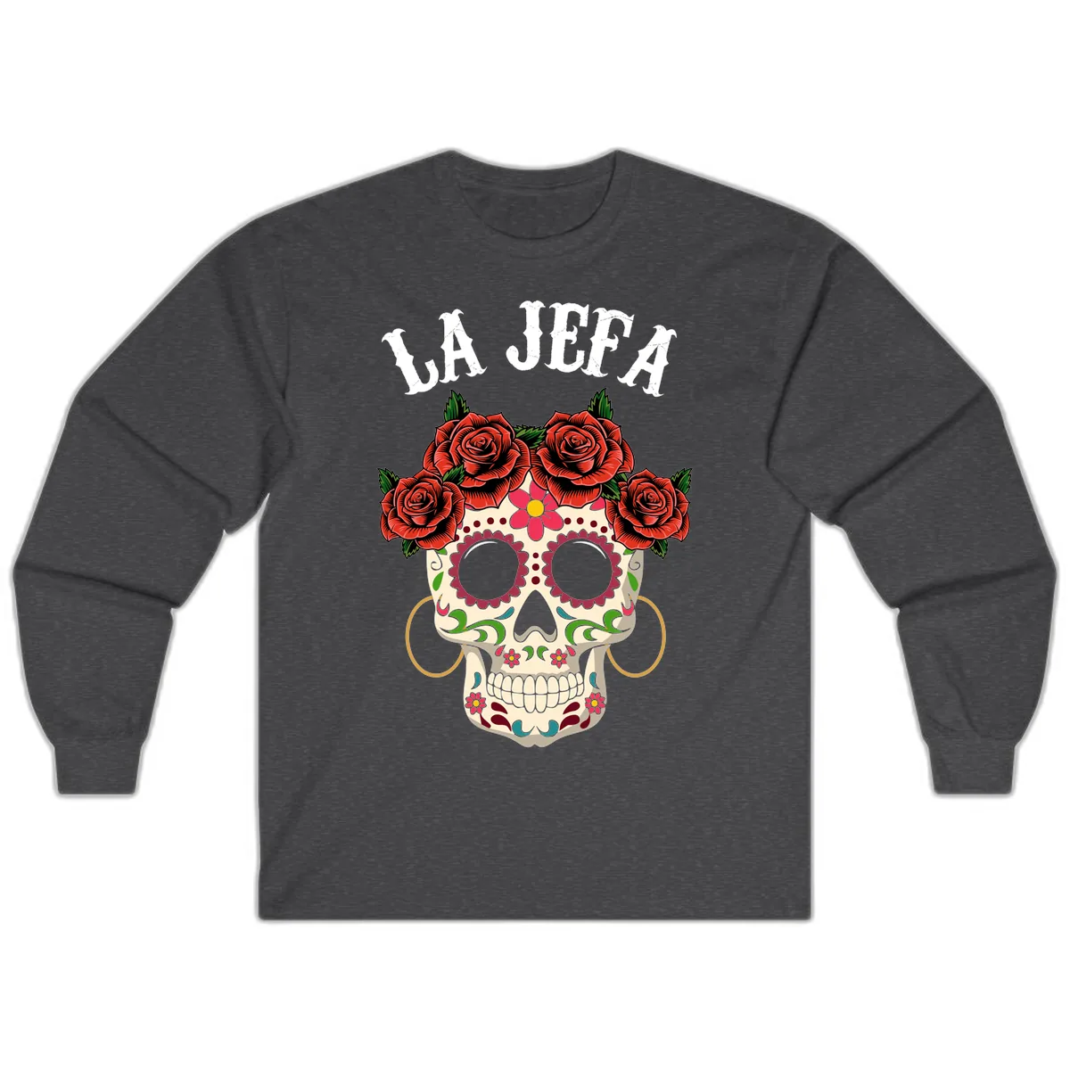 La Jefa Sugar Skull With Rose Crown Long Sleeve in Dark Heather
