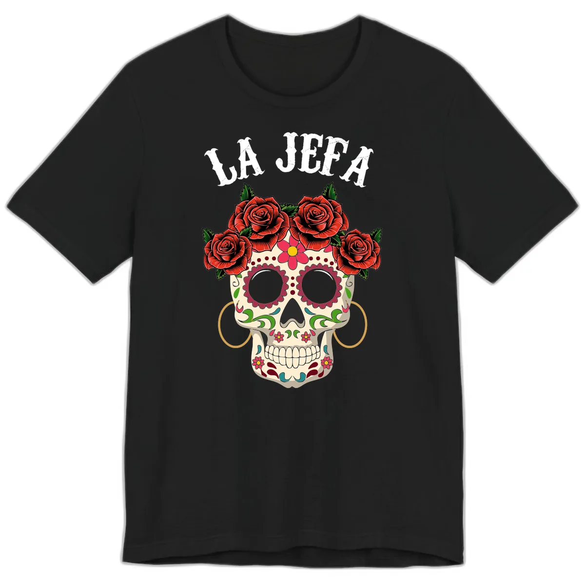 La Jefa Sugar Skull With Rose Crown Premium T-Shirt in Black