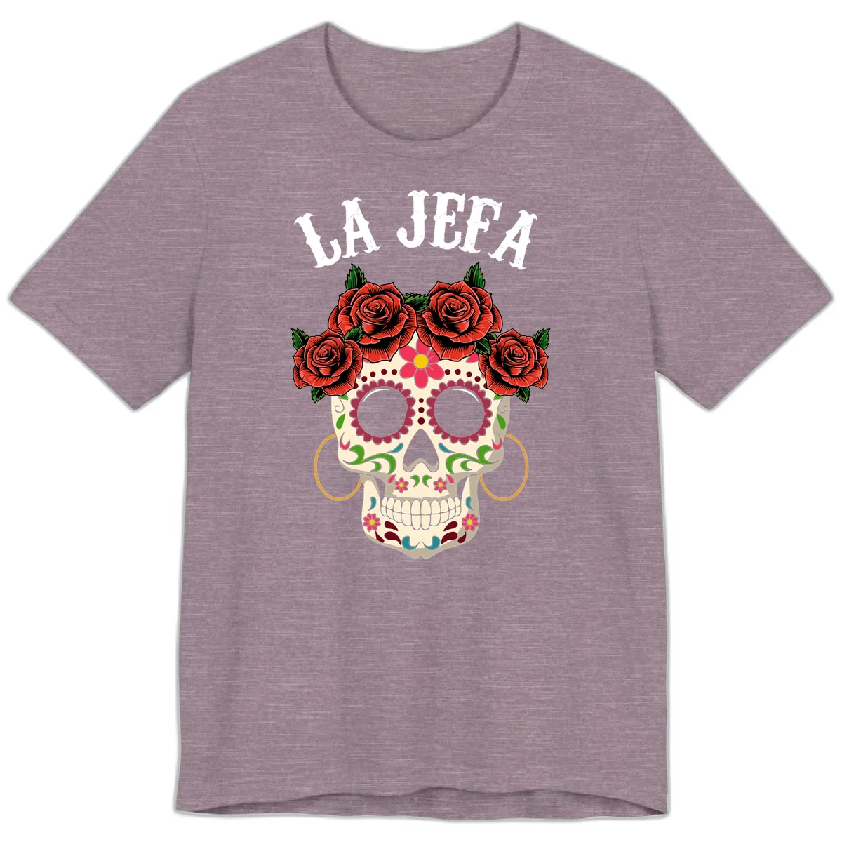 La Jefa Sugar Skull With Rose Crown Premium T-Shirt in Heather Purple