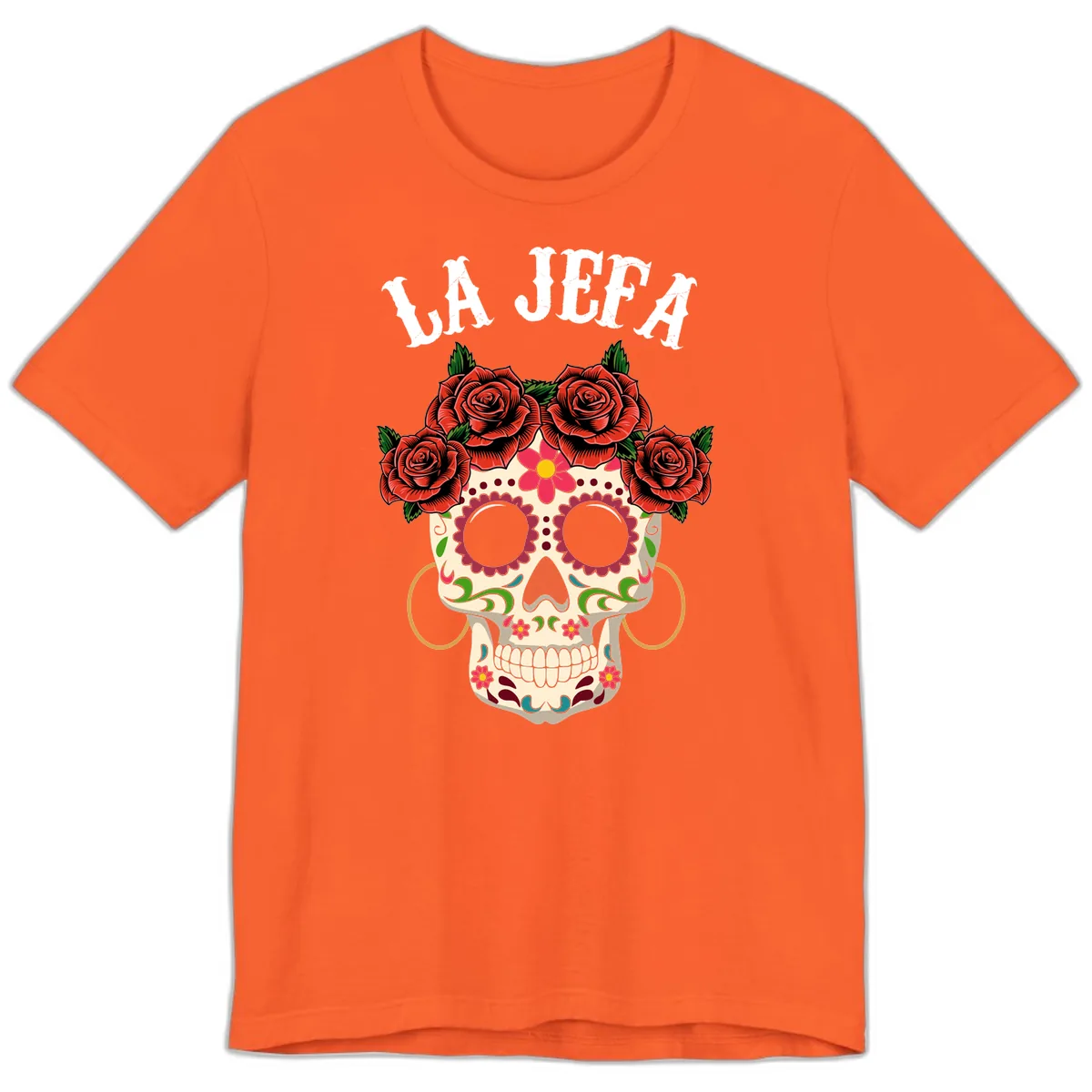 La Jefa Sugar Skull With Rose Crown Premium T-Shirt in Orange