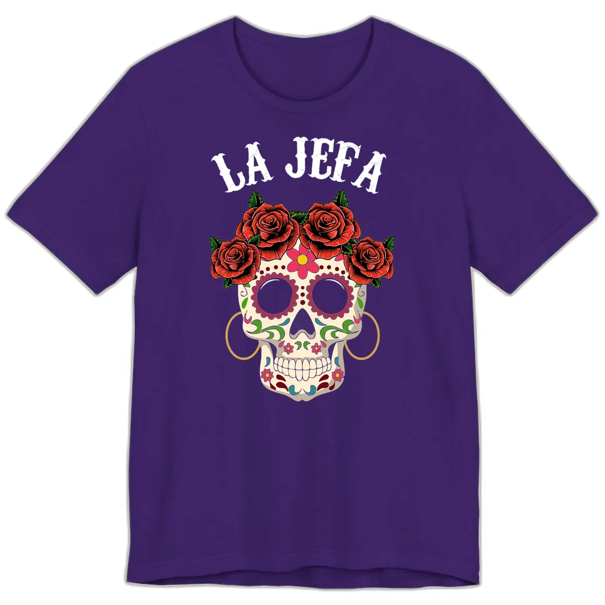 La Jefa Sugar Skull With Rose Crown Premium T-Shirt in Team Purple