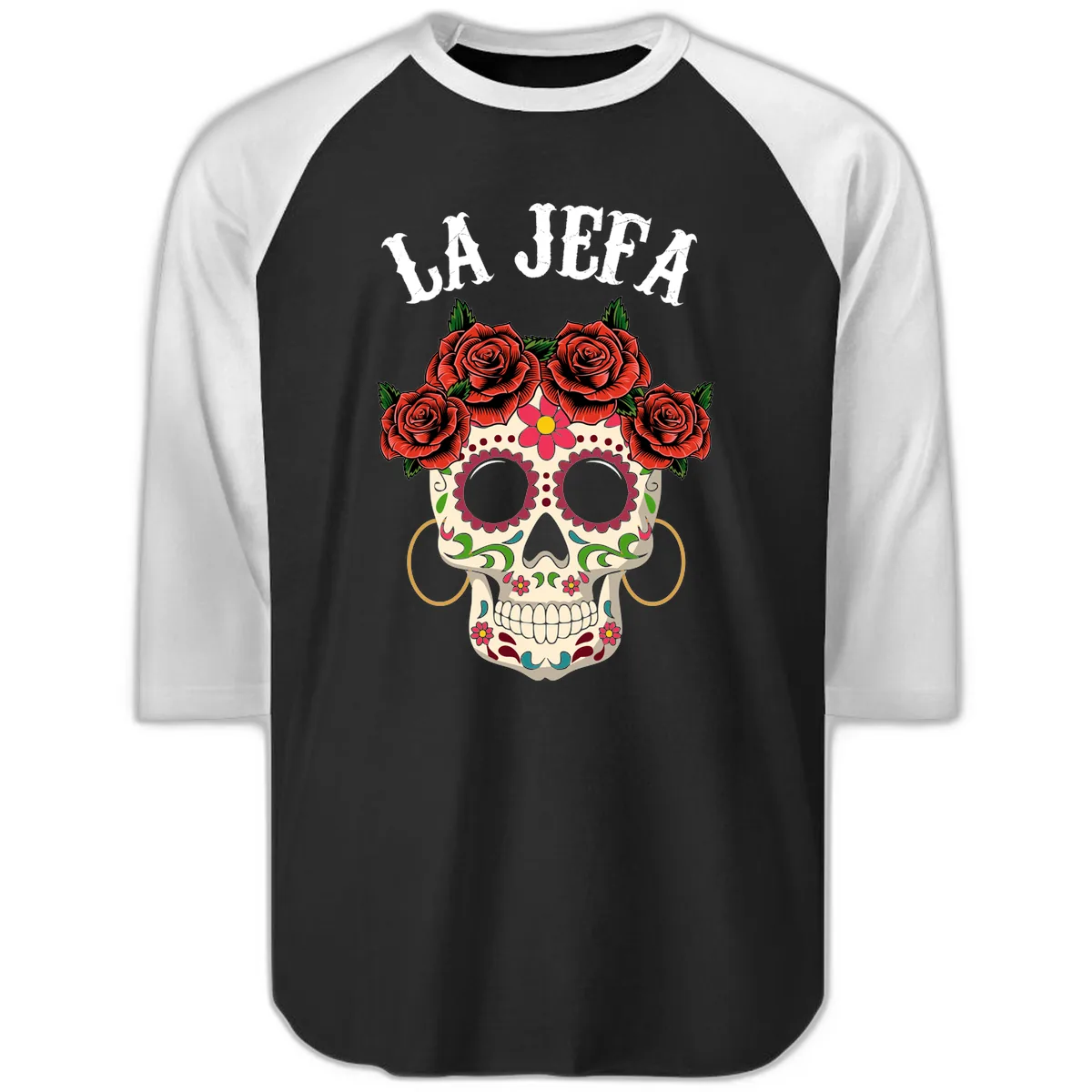 La Jefa Sugar Skull With Rose Crown Raglan 3/4 in Black White