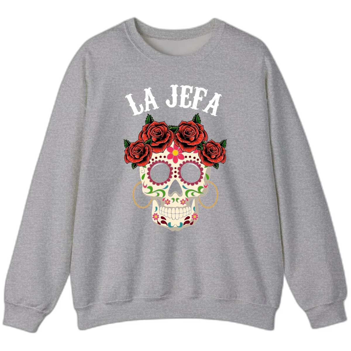 La Jefa Sugar Skull With Rose Crown Sweatshirt in Sport Grey