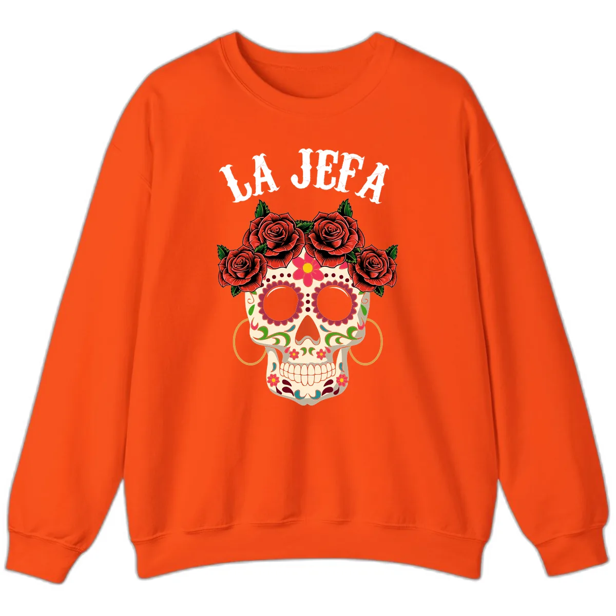 La Jefa Sugar Skull With Rose Crown Sweatshirt in Orange