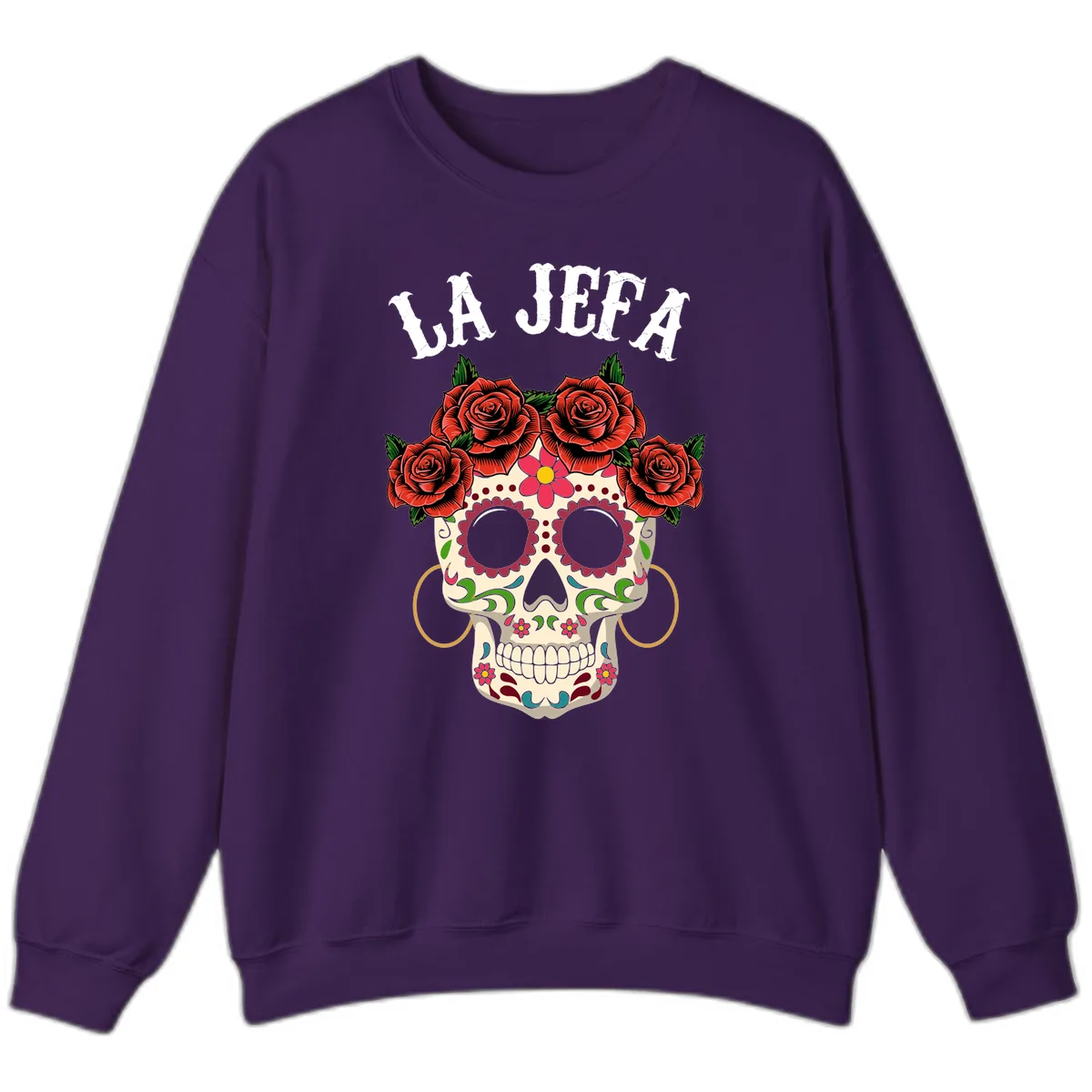 La Jefa Sugar Skull With Rose Crown Sweatshirt in Purple