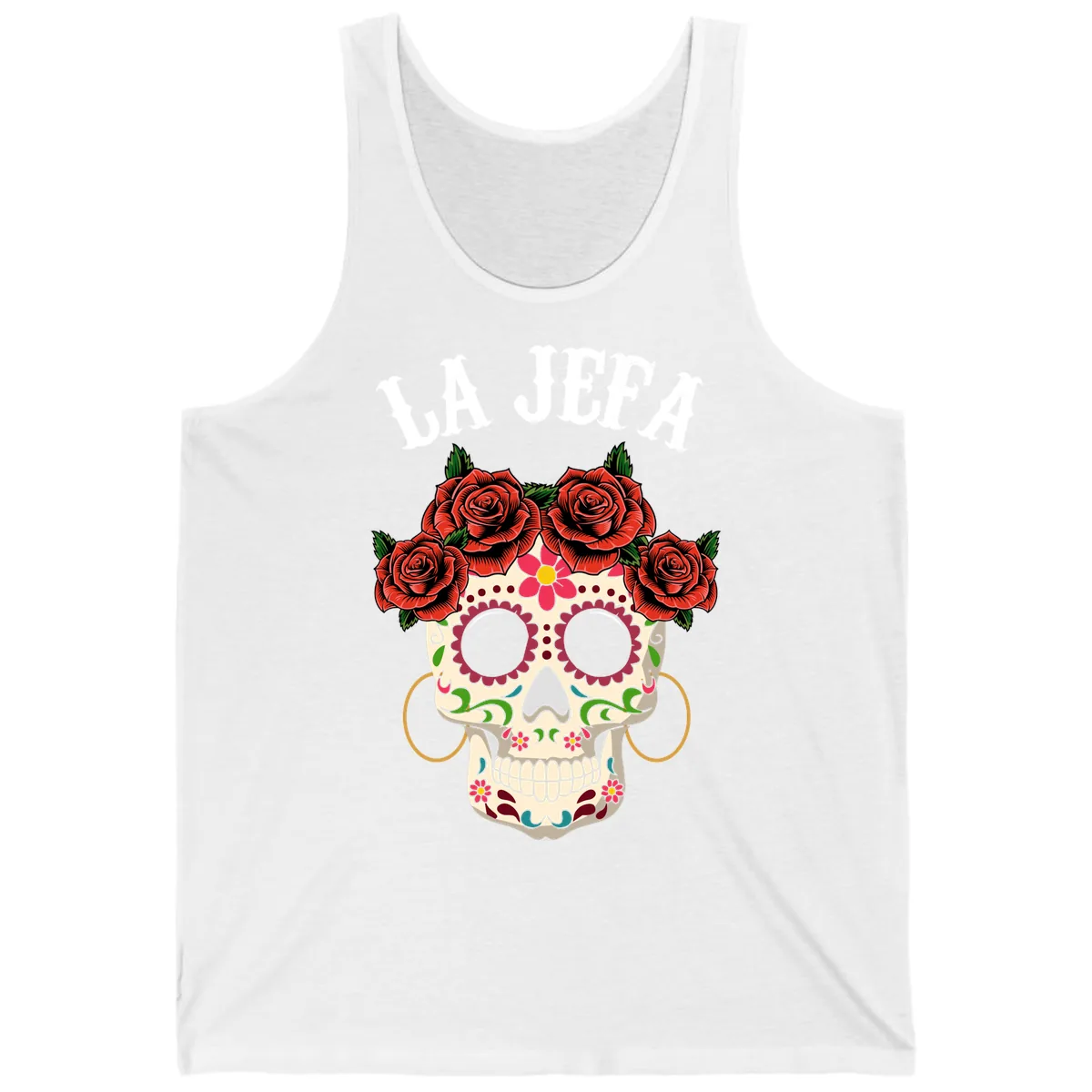 La Jefa Sugar Skull With Rose Crown Tank in White