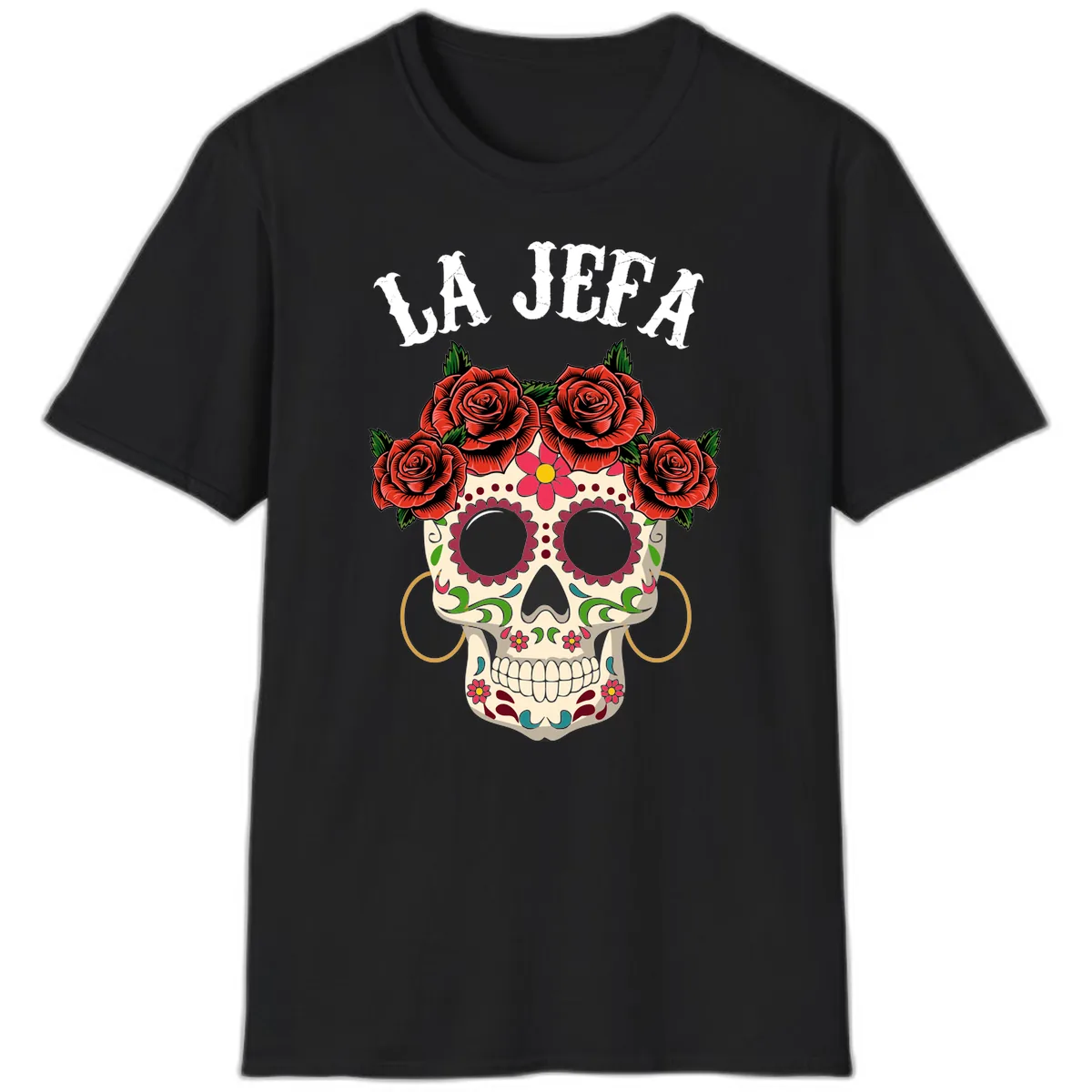 La Jefa Sugar Skull With Rose Crown T-Shirt in Black