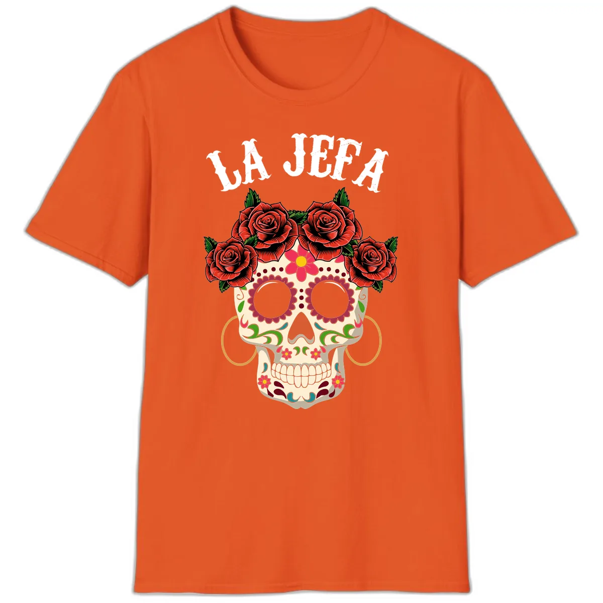 La Jefa Sugar Skull With Rose Crown T-Shirt in Orange