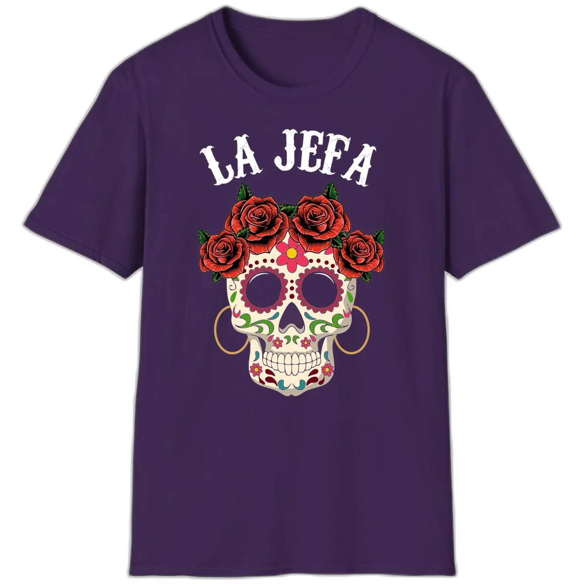 La Jefa Sugar Skull With Rose Crown T-Shirt in Purple
