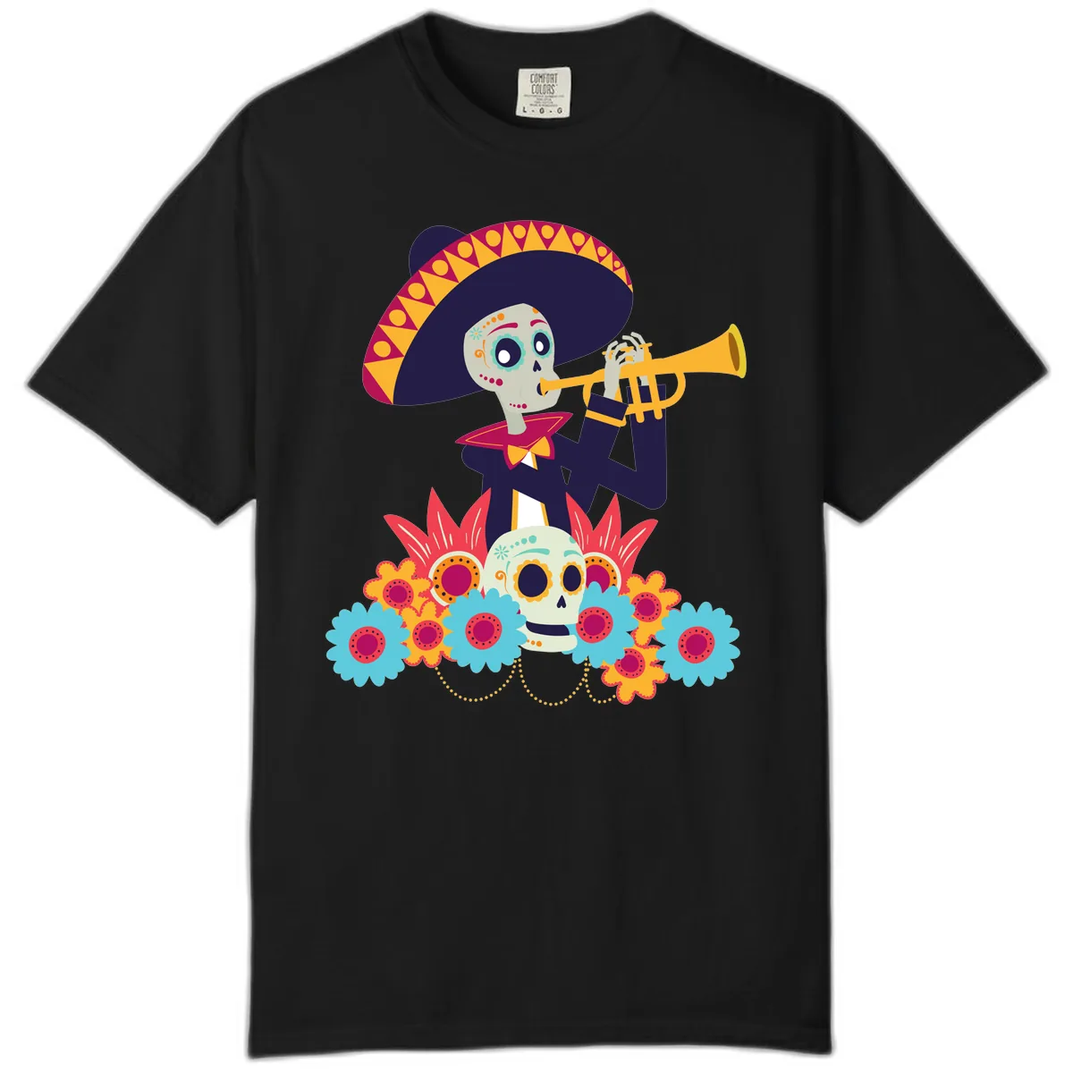 Calavera Mariachi Skeleton Trumpet Player Comfort Color in Black
